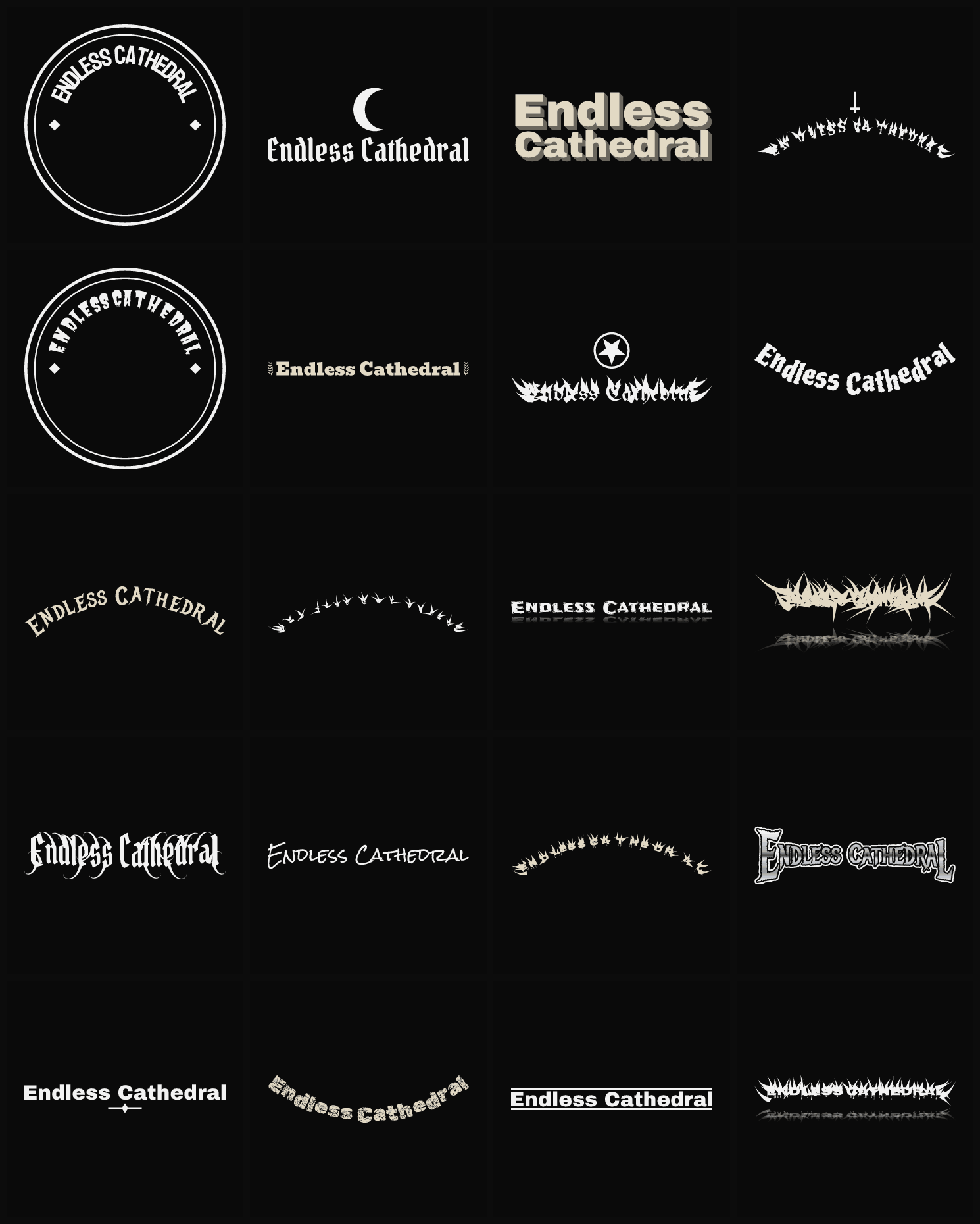 Twenty Endless Cathedral band logo ideas — different faces, treatments and spike settings
