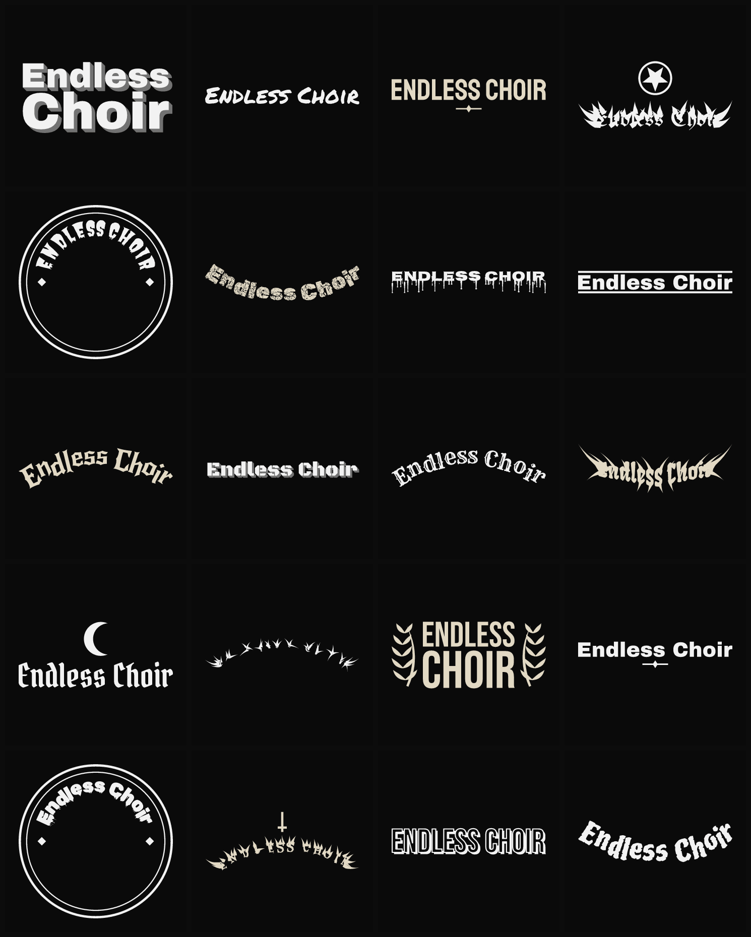 Twenty Endless Choir band logo ideas — different faces, treatments and spike settings