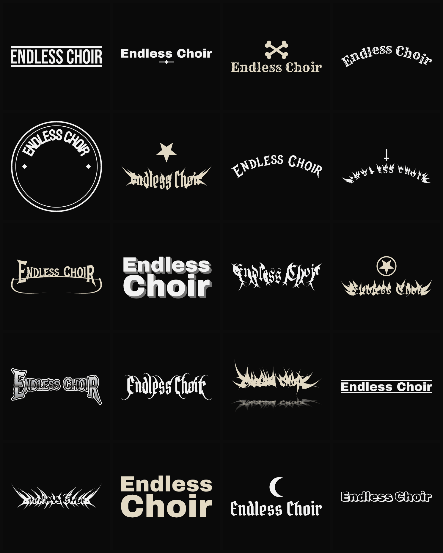 Twenty Endless Choir band logo ideas — different faces, treatments and spike settings