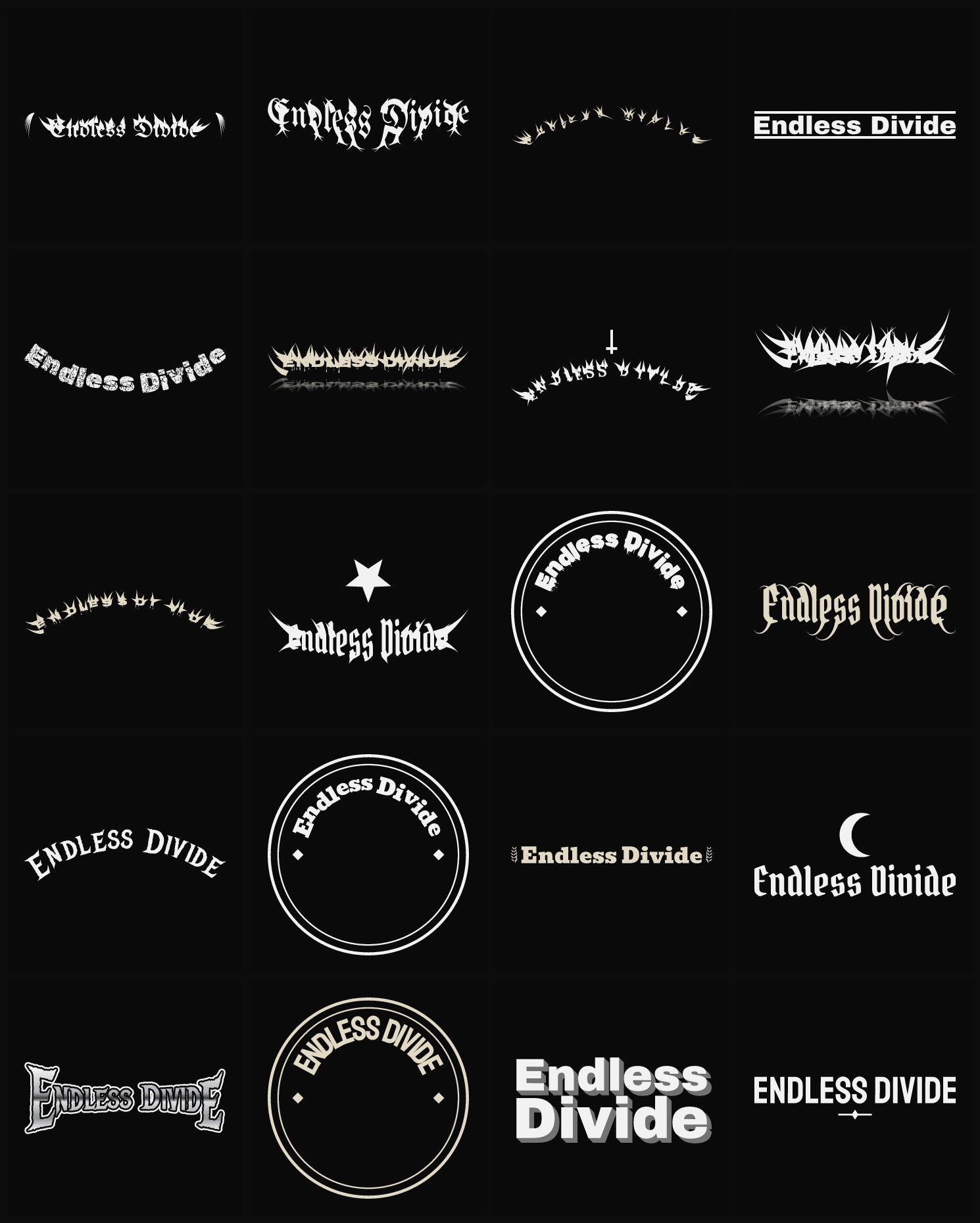 Twenty Endless Divide band logo ideas — different faces, treatments and spike settings