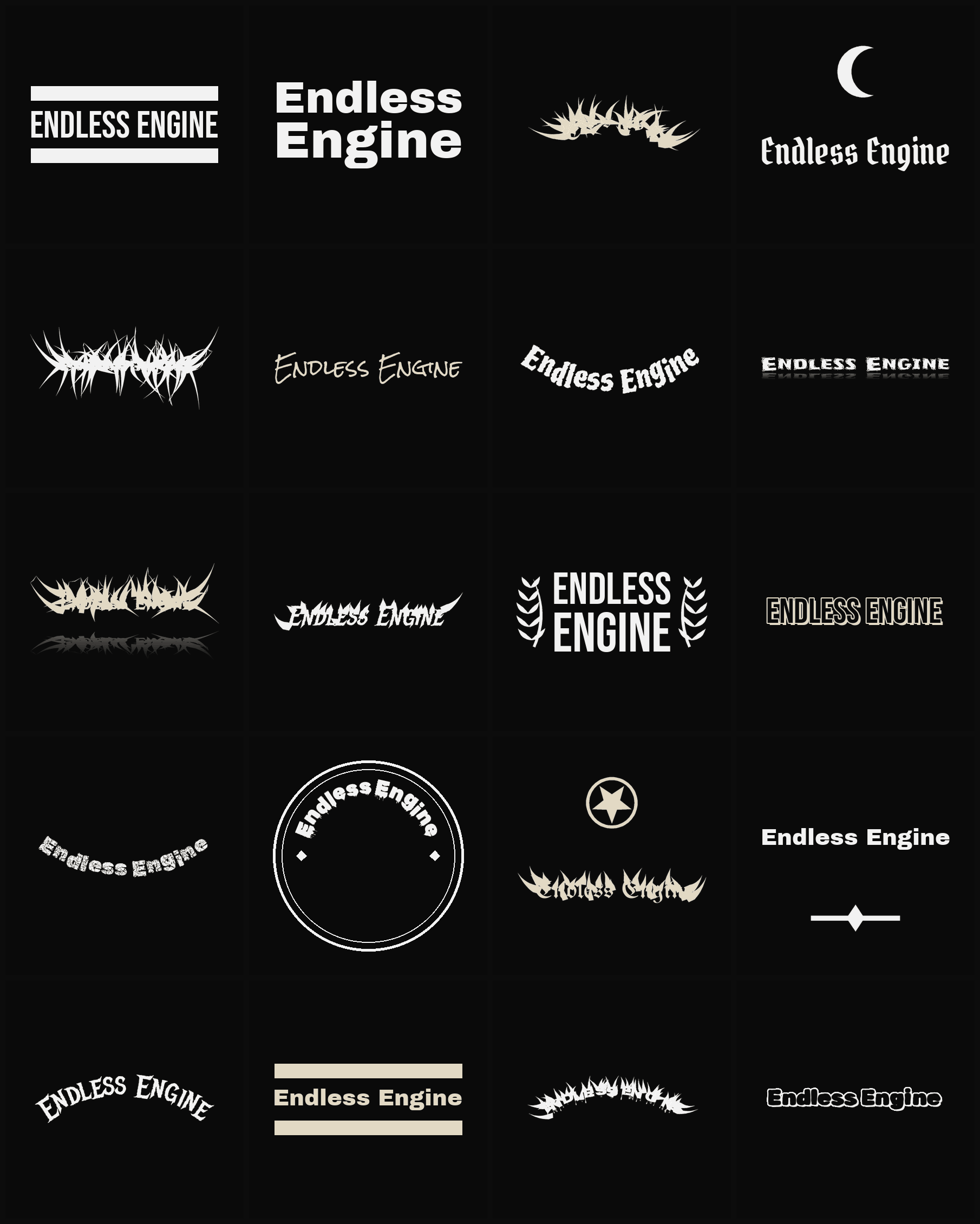 Twenty Endless Engine band logo ideas — different faces, treatments and spike settings
