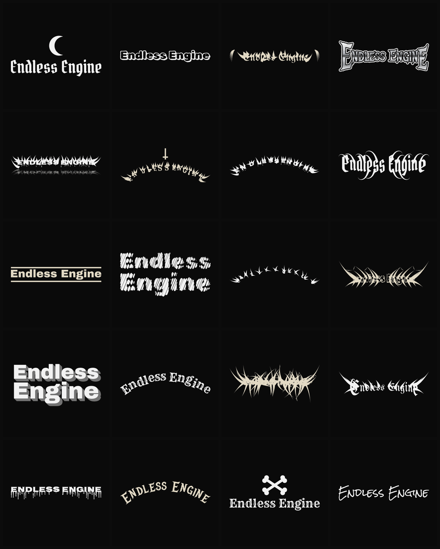 Twenty Endless Engine band logo ideas — different faces, treatments and spike settings