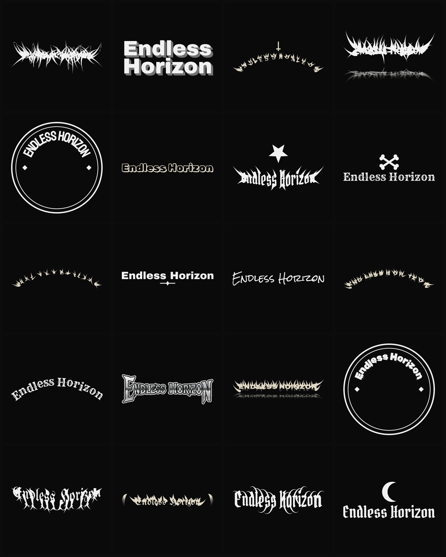 Twenty Endless Horizon band logo ideas — different faces, treatments and spike settings