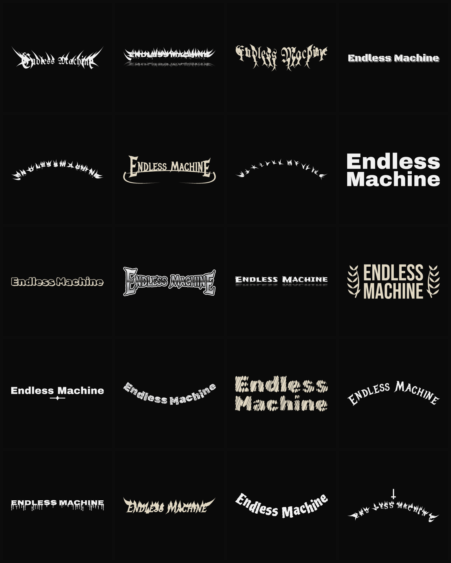 Twenty Endless Machine band logo ideas — different faces, treatments and spike settings