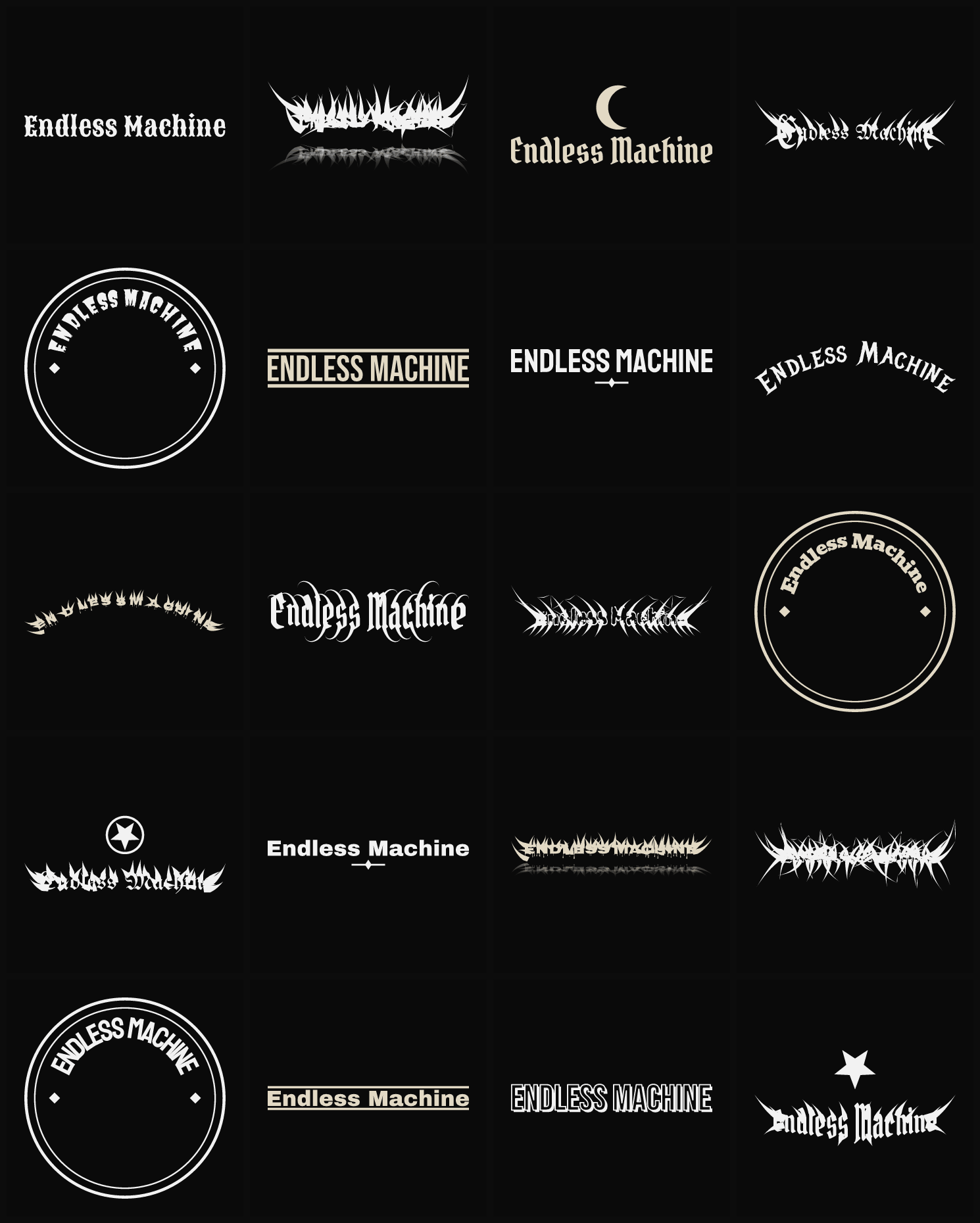 Twenty Endless Machine band logo ideas — different faces, treatments and spike settings