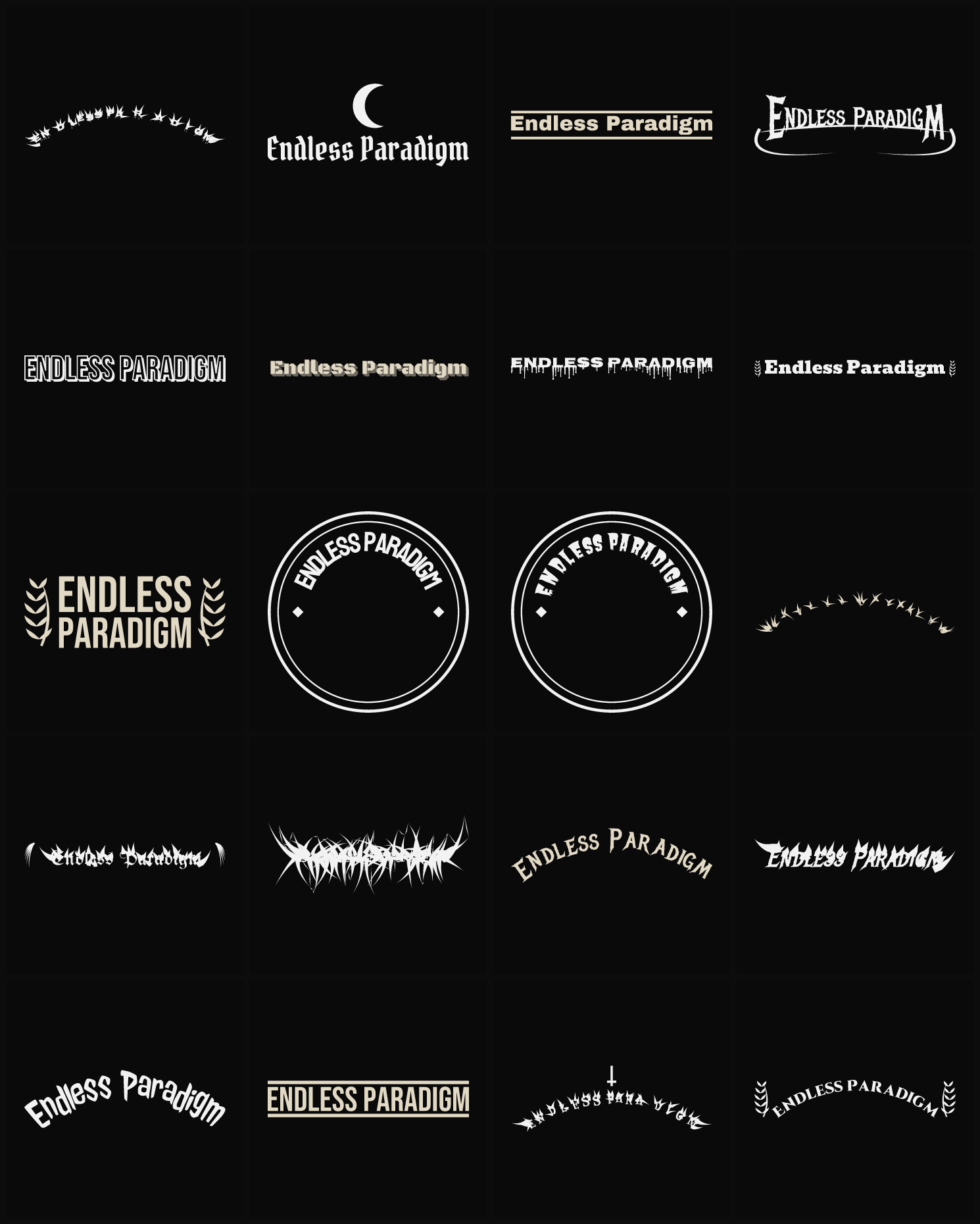 Twenty Endless Paradigm band logo ideas — different faces, treatments and spike settings