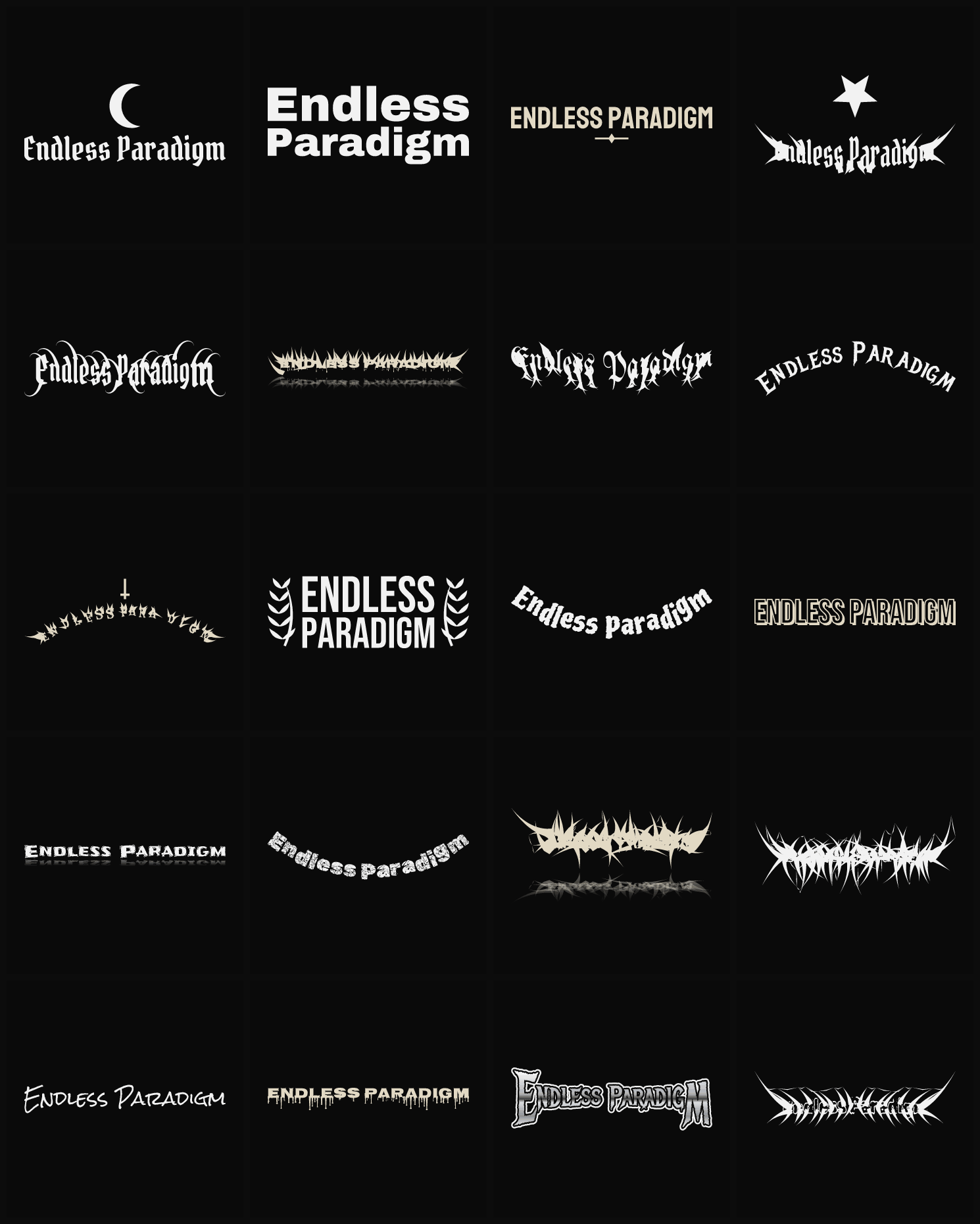 Twenty Endless Paradigm band logo ideas — different faces, treatments and spike settings