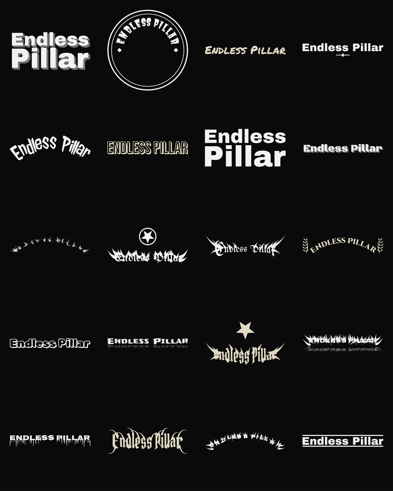 Twenty Endless Pillar band logo ideas — different faces, treatments and spike settings