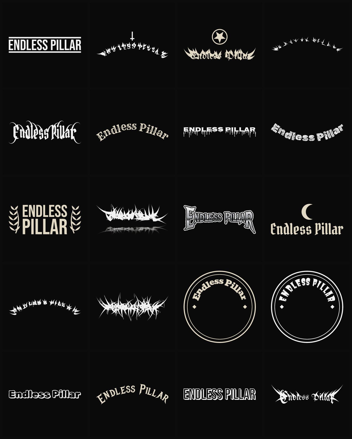 Twenty Endless Pillar band logo ideas — different faces, treatments and spike settings