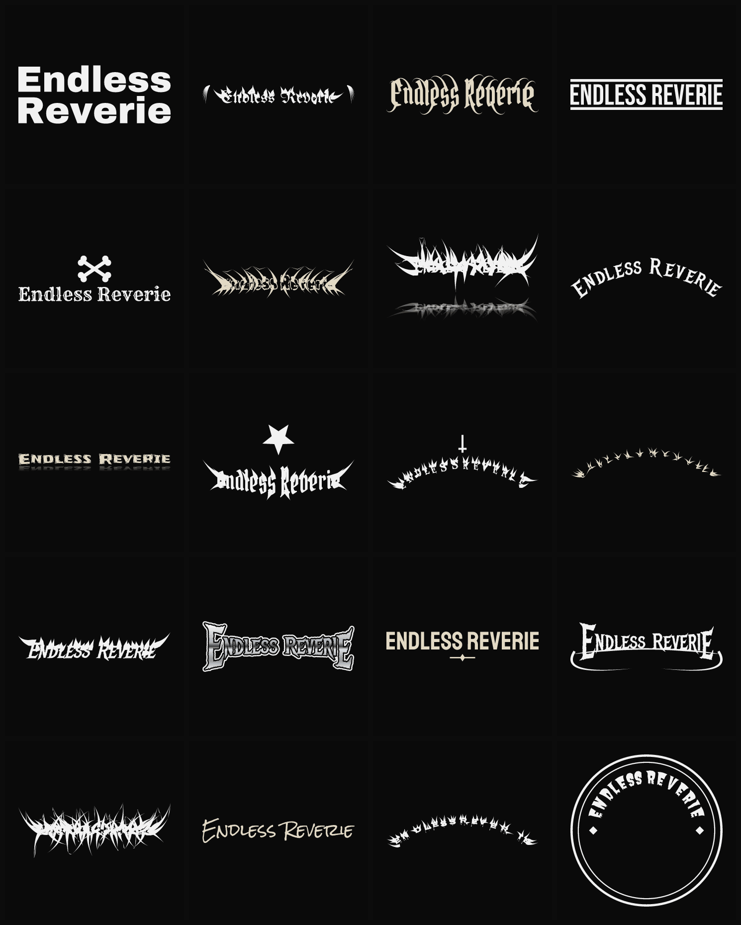 Twenty Endless Reverie band logo ideas — different faces, treatments and spike settings