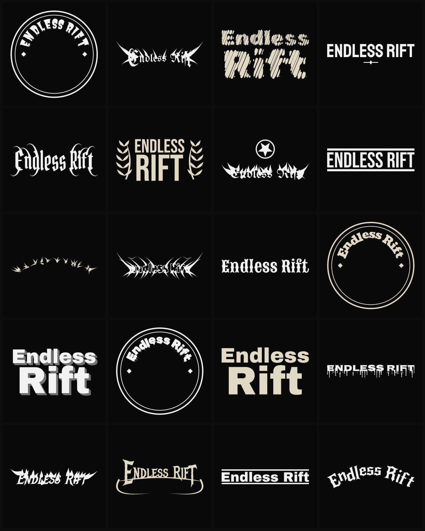 Twenty Endless Rift band logo ideas — different faces, treatments and spike settings