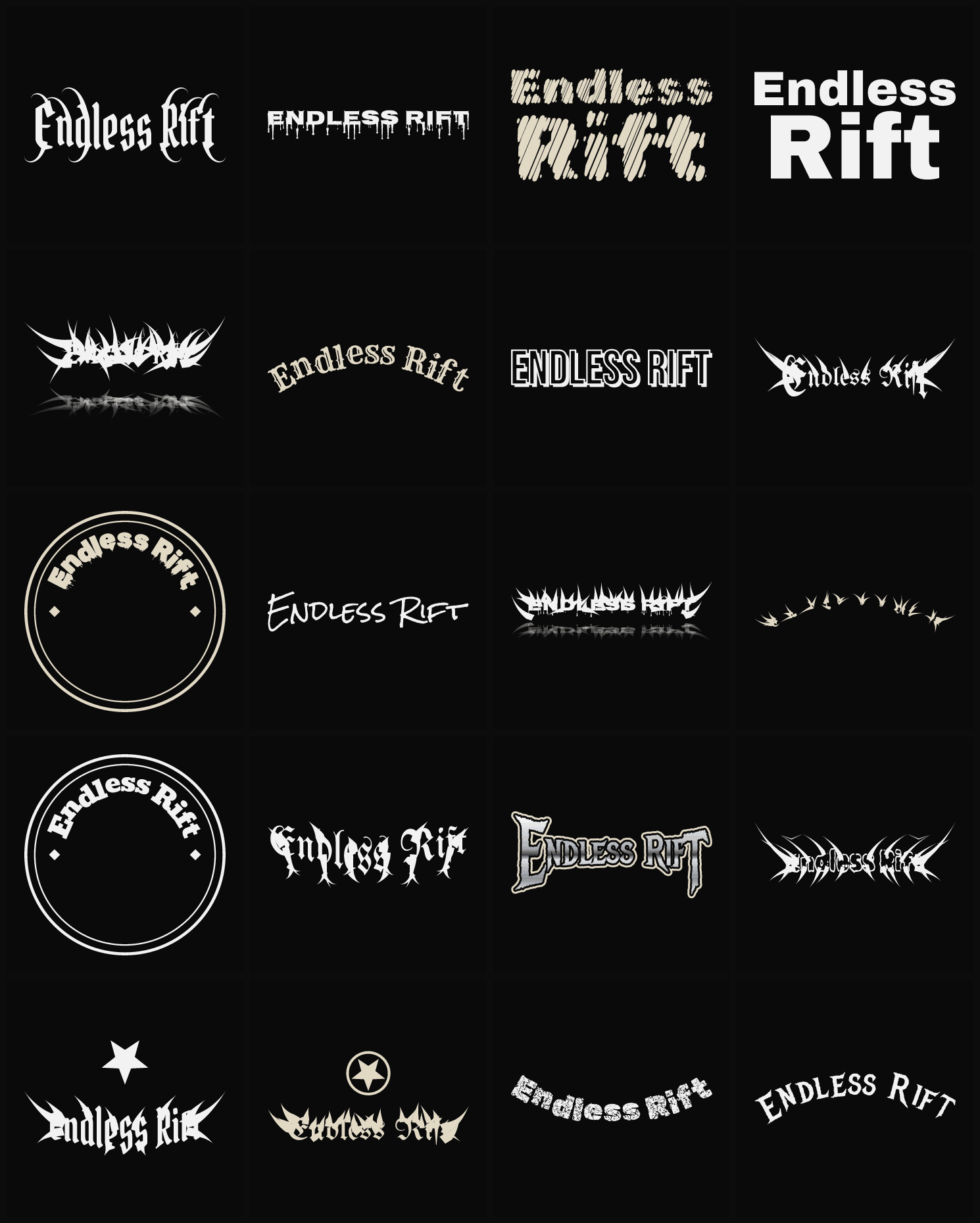 Twenty Endless Rift band logo ideas — different faces, treatments and spike settings