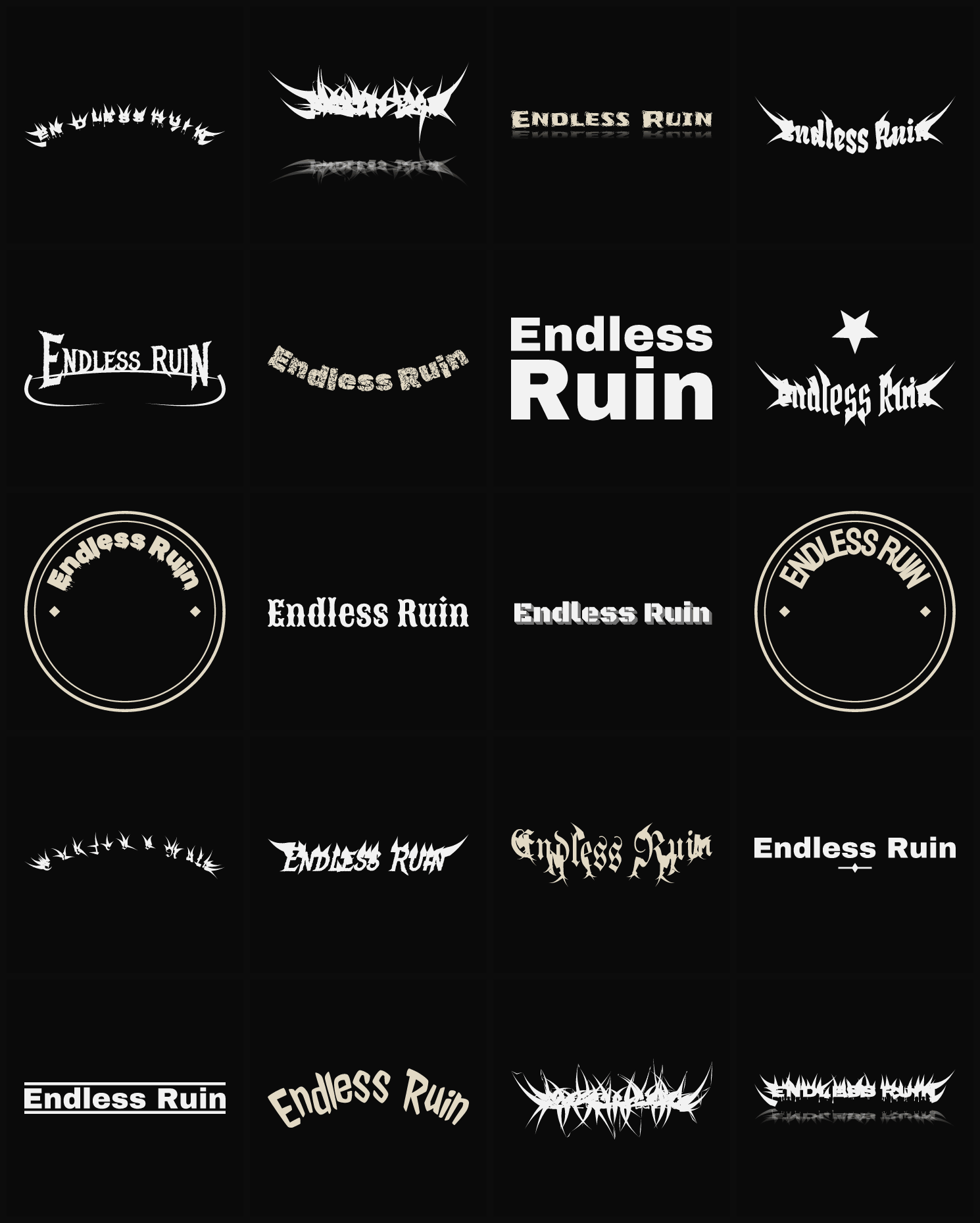 Twenty Endless Ruin band logo ideas — different faces, treatments and spike settings