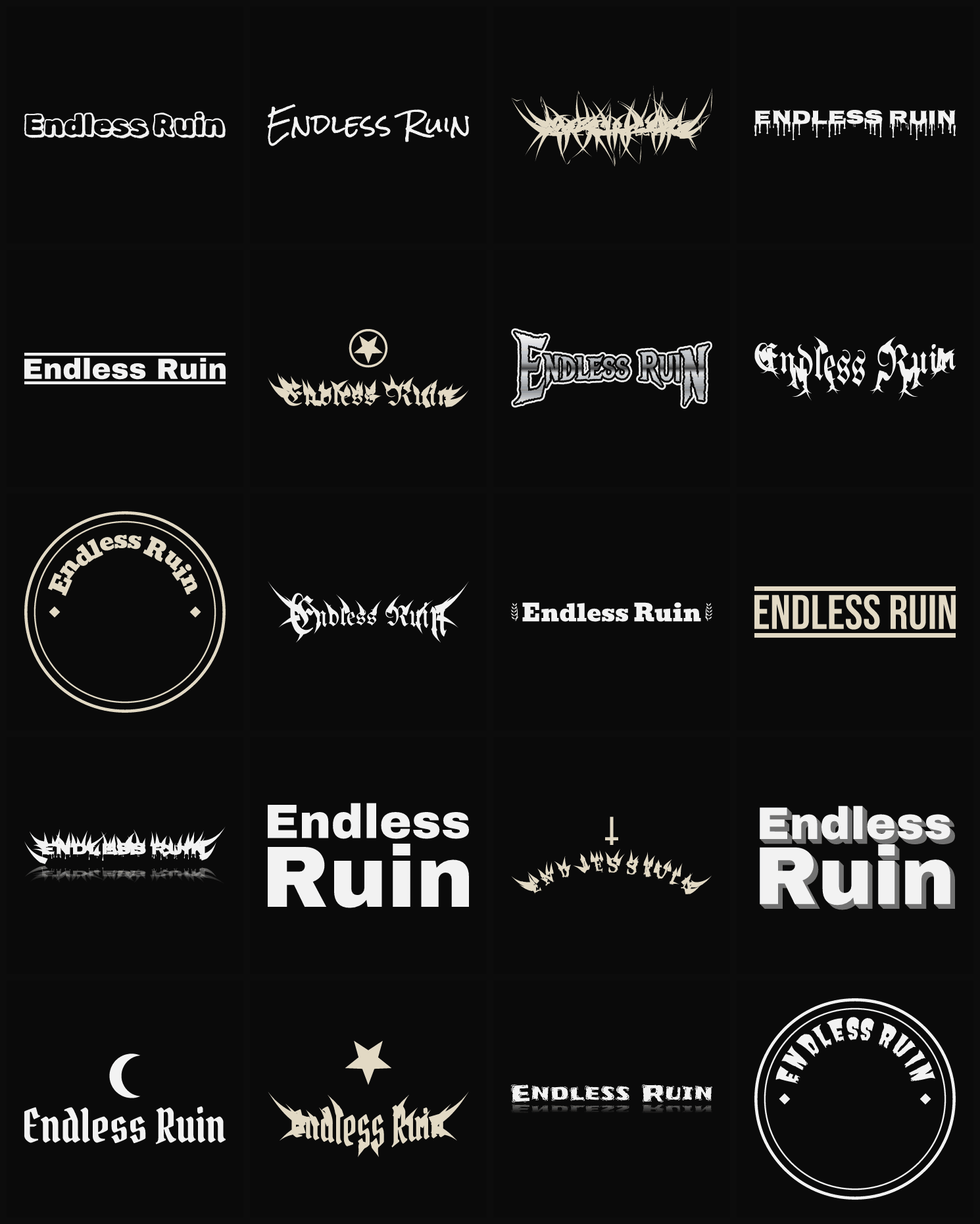 Twenty Endless Ruin band logo ideas — different faces, treatments and spike settings