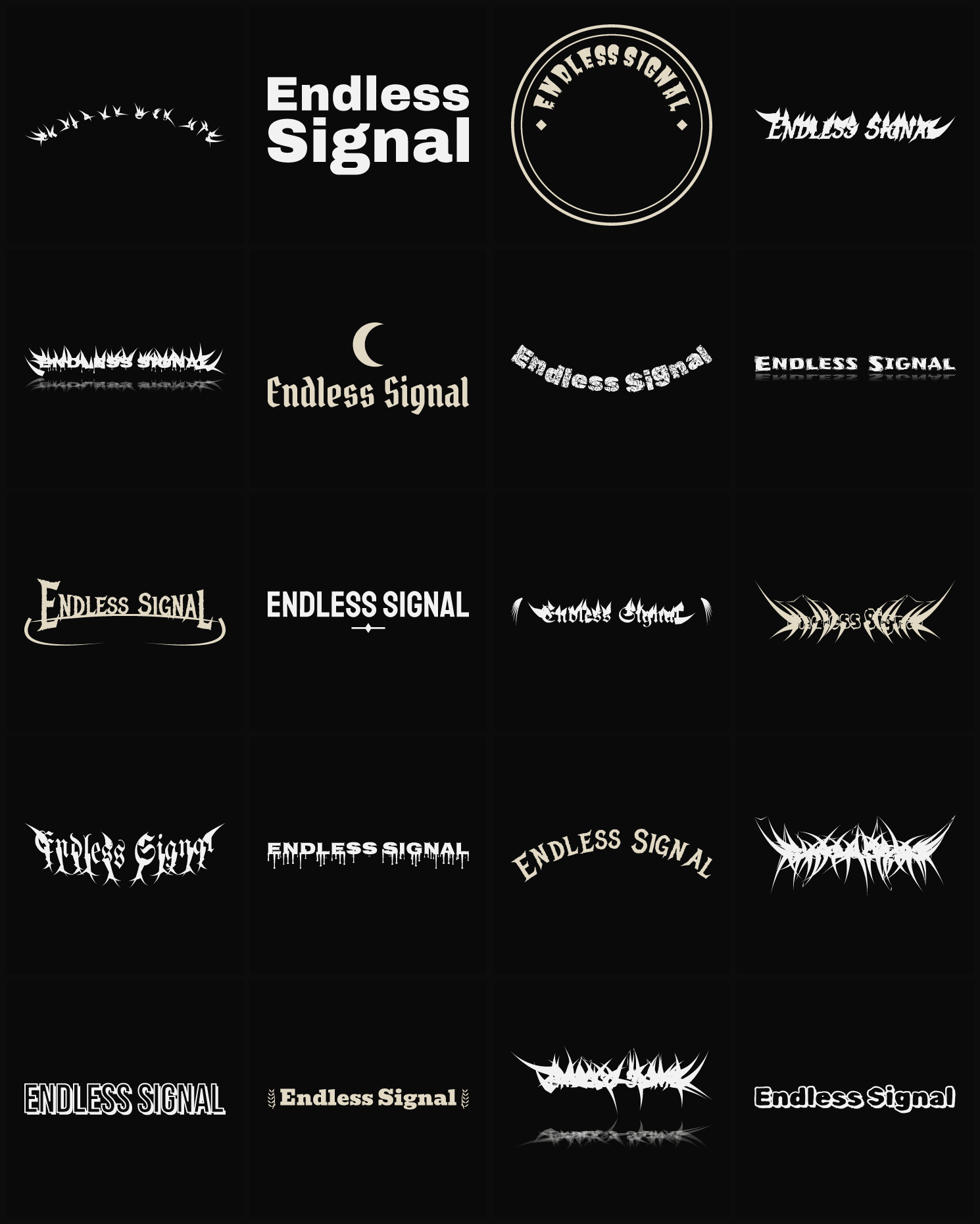 Twenty Endless Signal band logo ideas — different faces, treatments and spike settings
