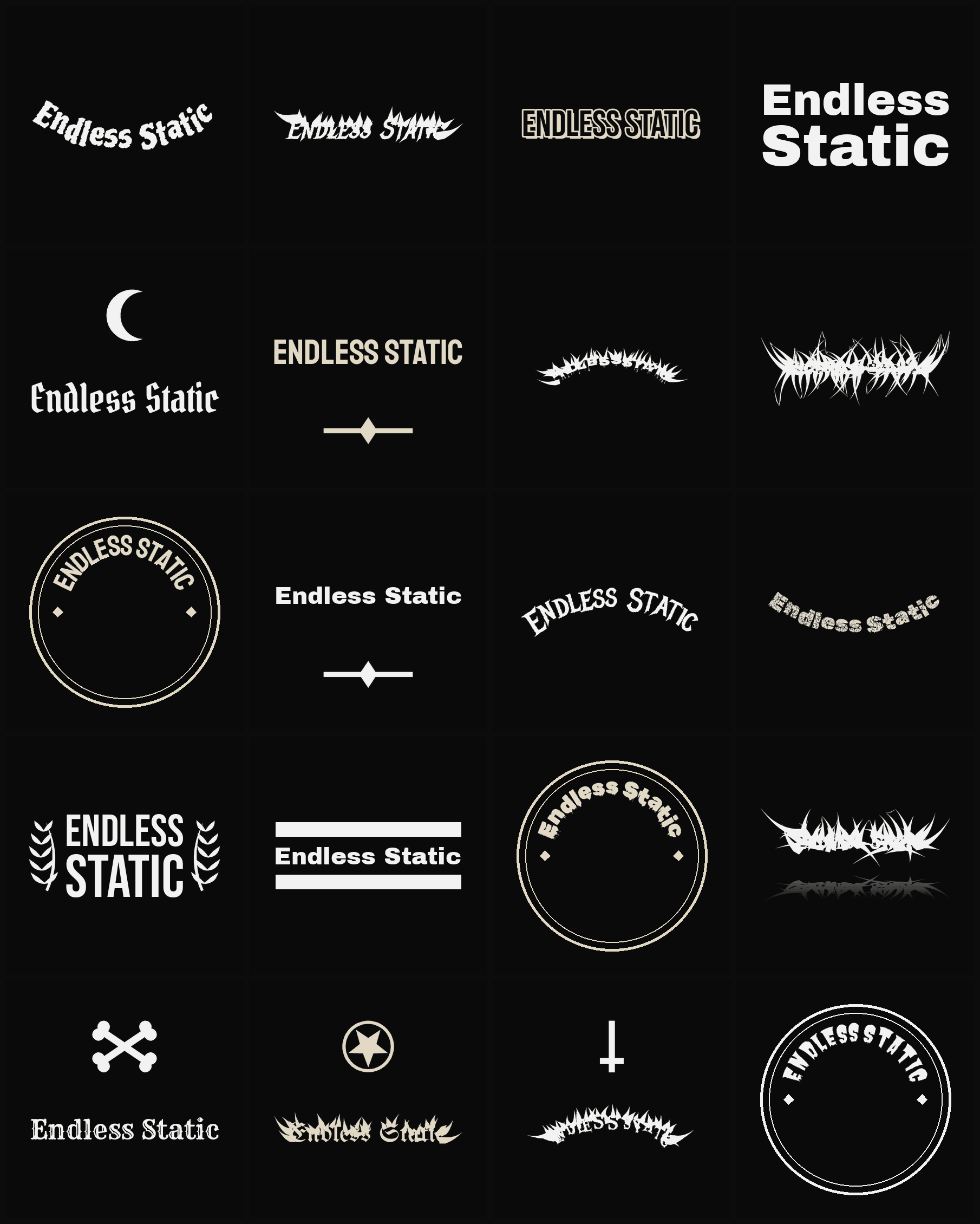Twenty Endless Static band logo ideas — different faces, treatments and spike settings
