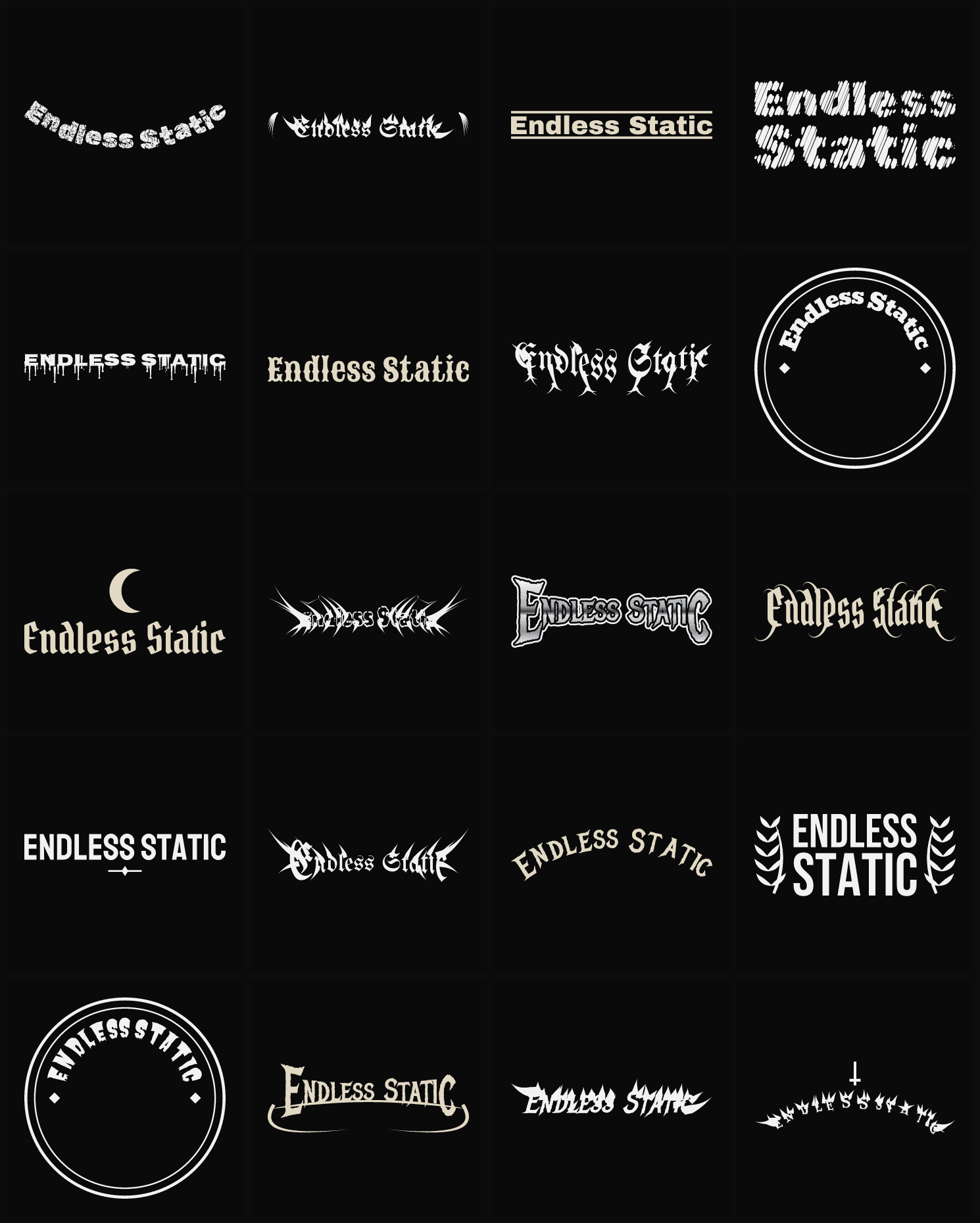 Twenty Endless Static band logo ideas — different faces, treatments and spike settings