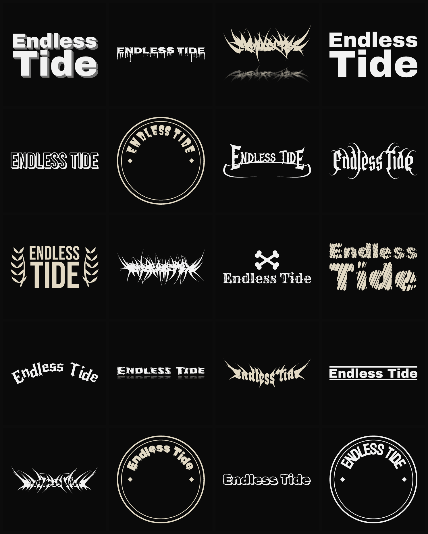 Twenty Endless Tide band logo ideas — different faces, treatments and spike settings