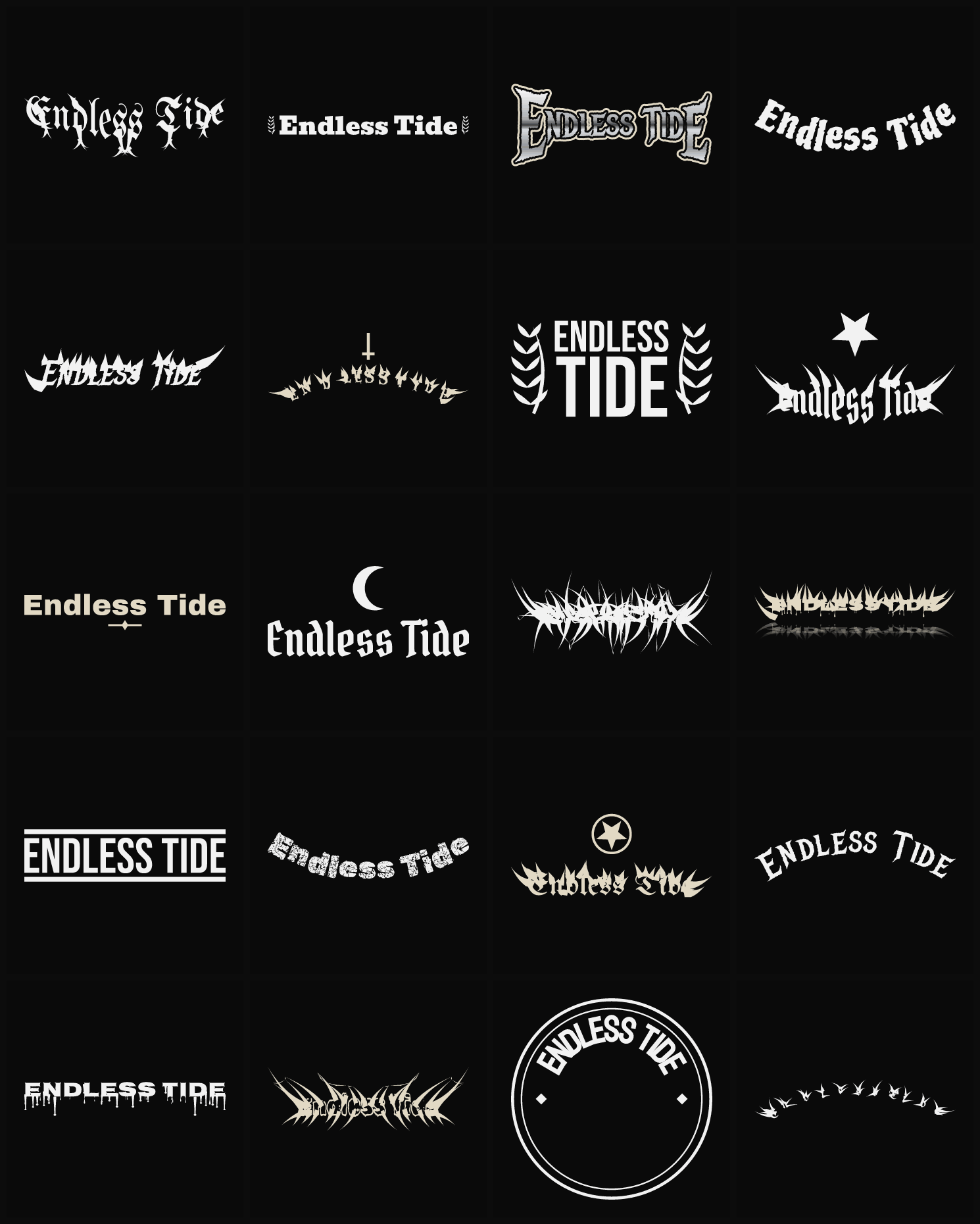 Twenty Endless Tide band logo ideas — different faces, treatments and spike settings
