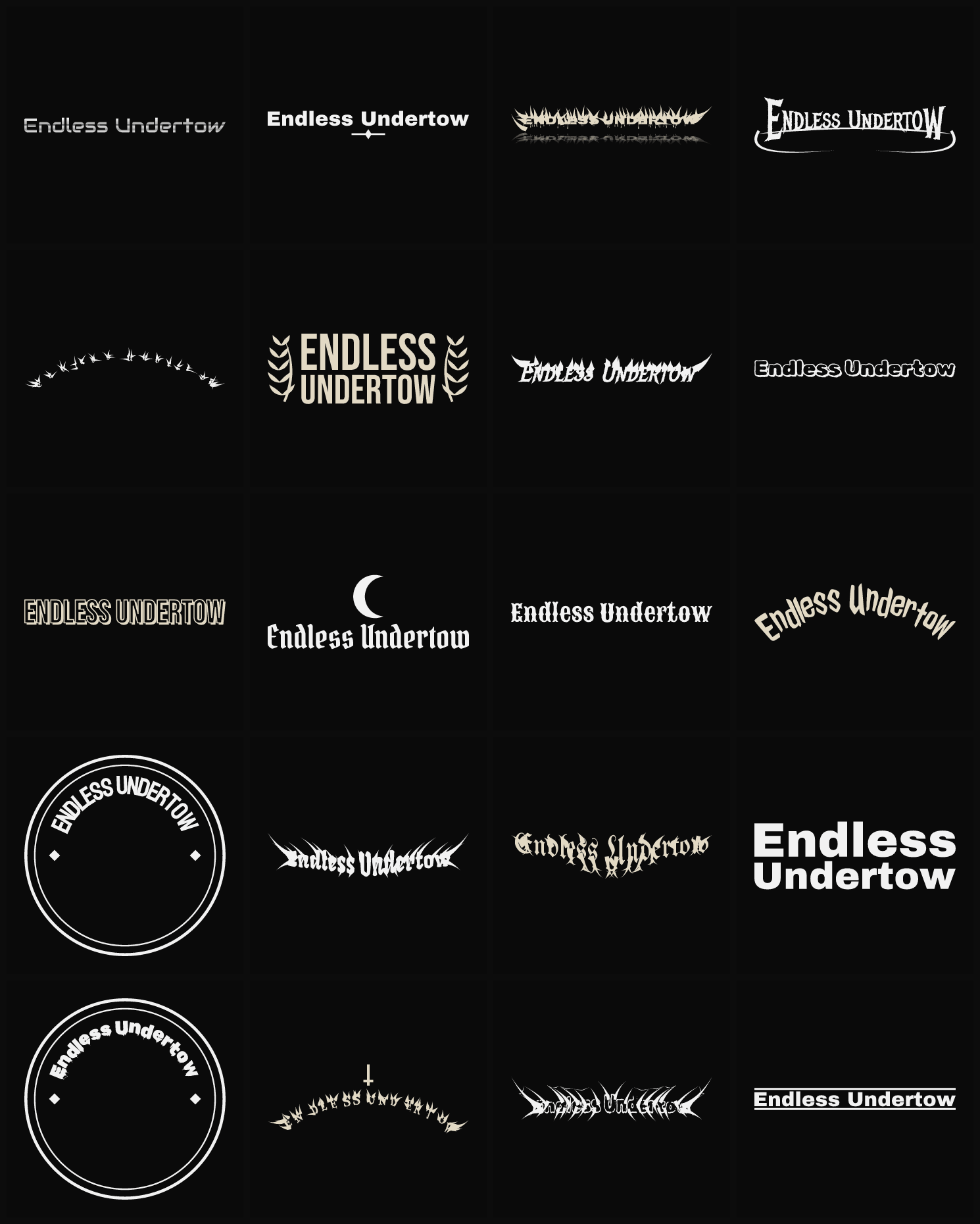 Twenty Endless Undertow band logo ideas — different faces, treatments and spike settings