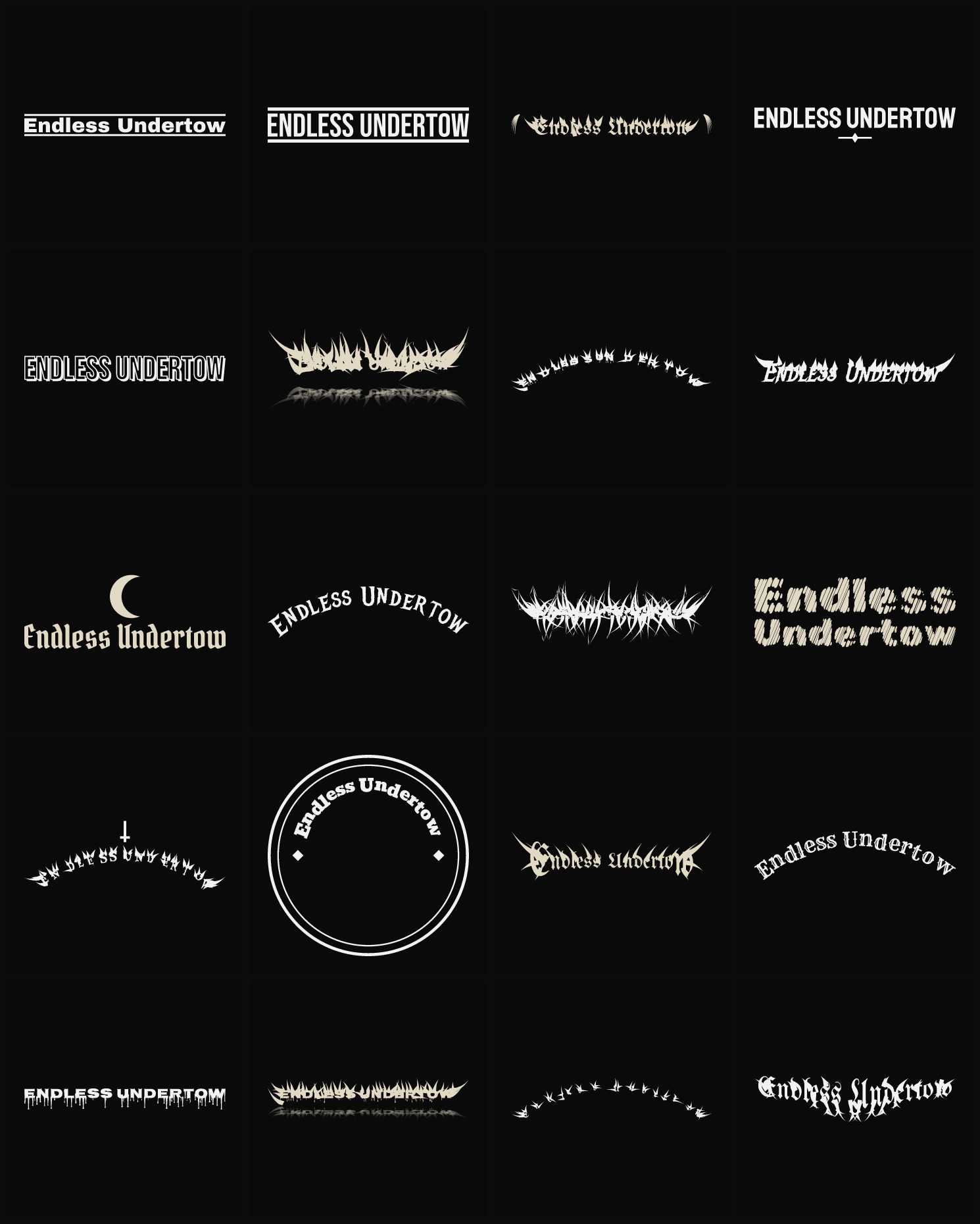 Twenty Endless Undertow band logo ideas — different faces, treatments and spike settings