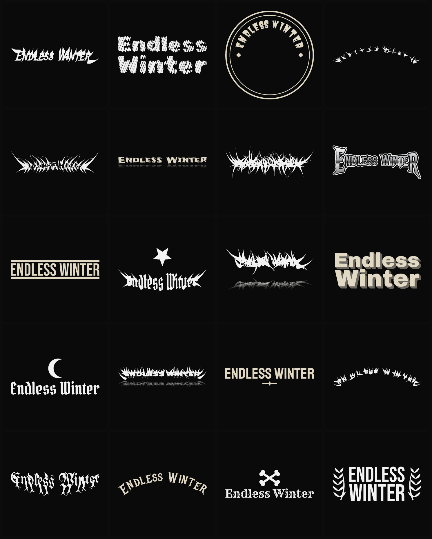 Twenty Endless Winter band logo ideas — different faces, treatments and spike settings