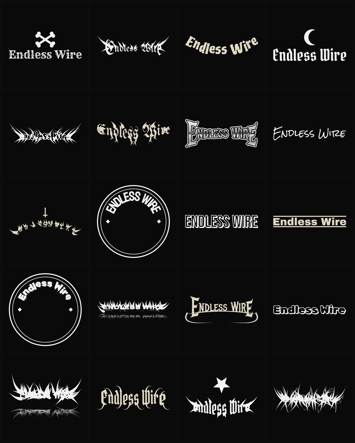 Twenty Endless Wire band logo ideas — different faces, treatments and spike settings