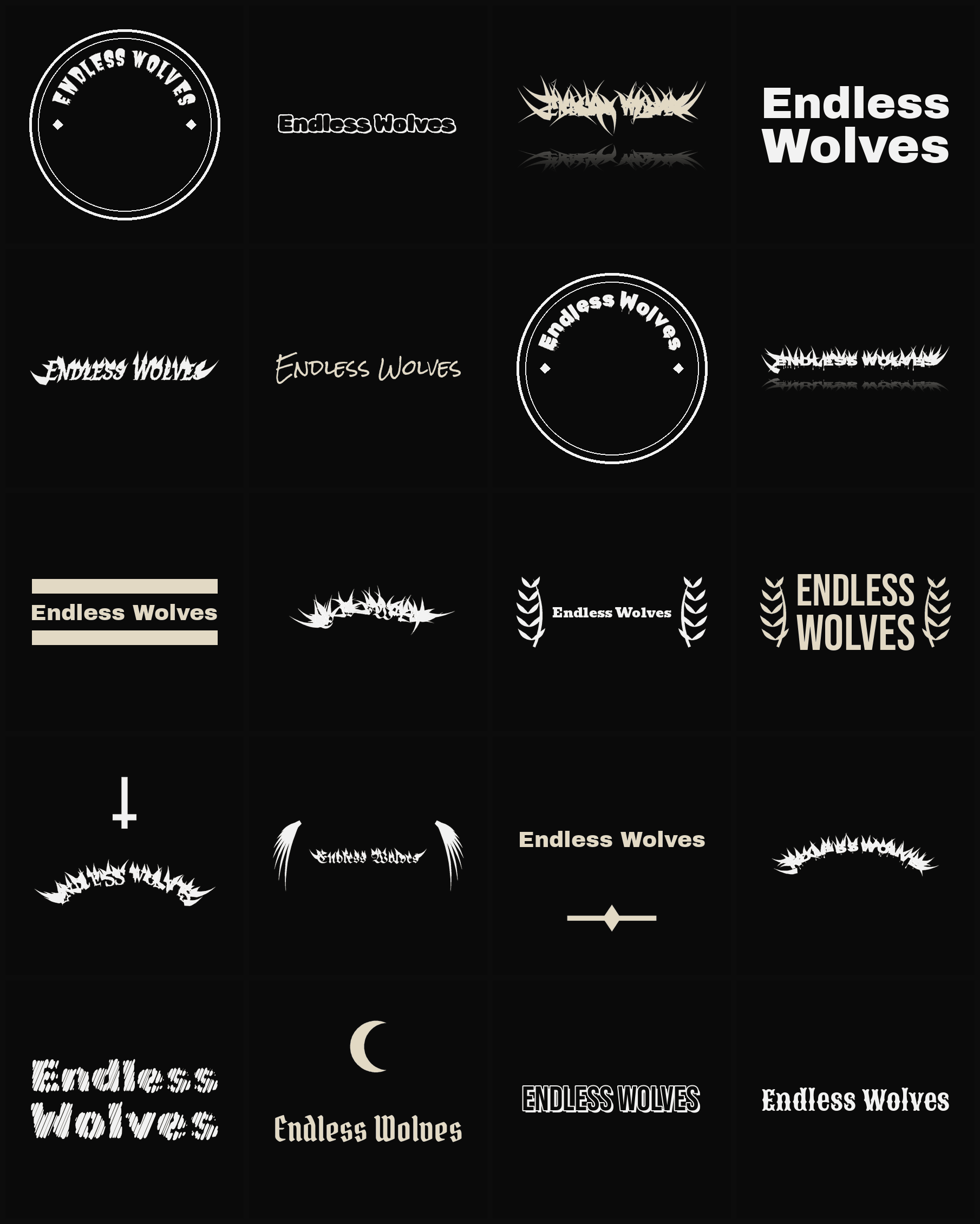 Twenty Endless Wolves band logo ideas — different faces, treatments and spike settings