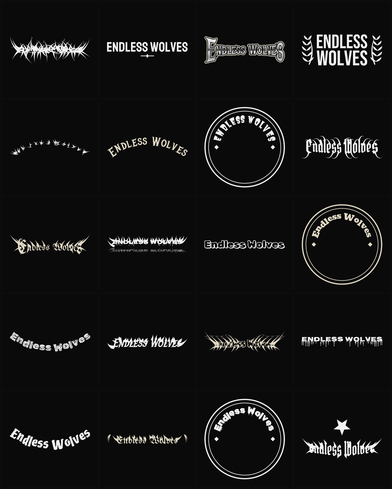 Twenty Endless Wolves band logo ideas — different faces, treatments and spike settings