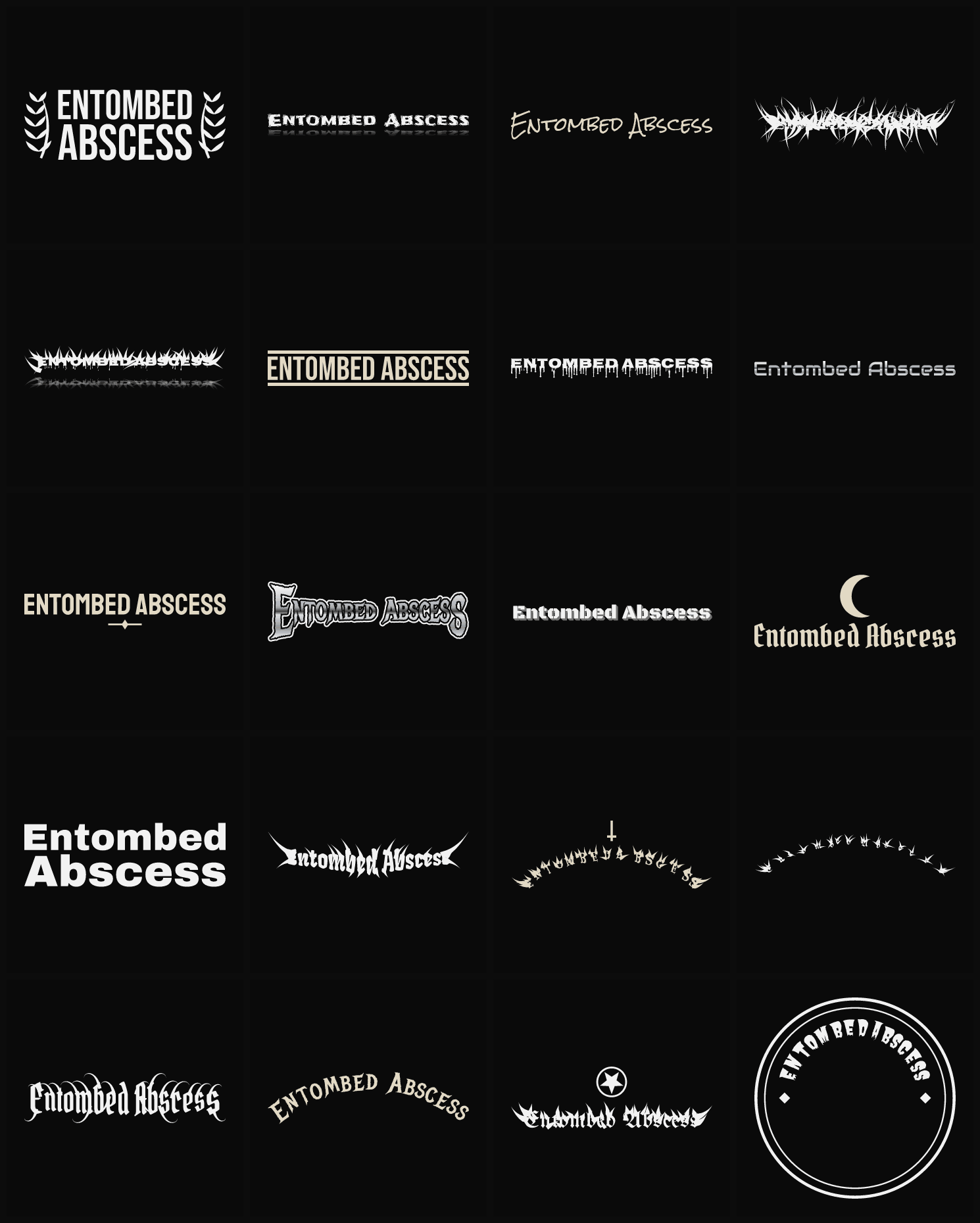 Twenty Entombed Abscess band logo ideas — different faces, treatments and spike settings