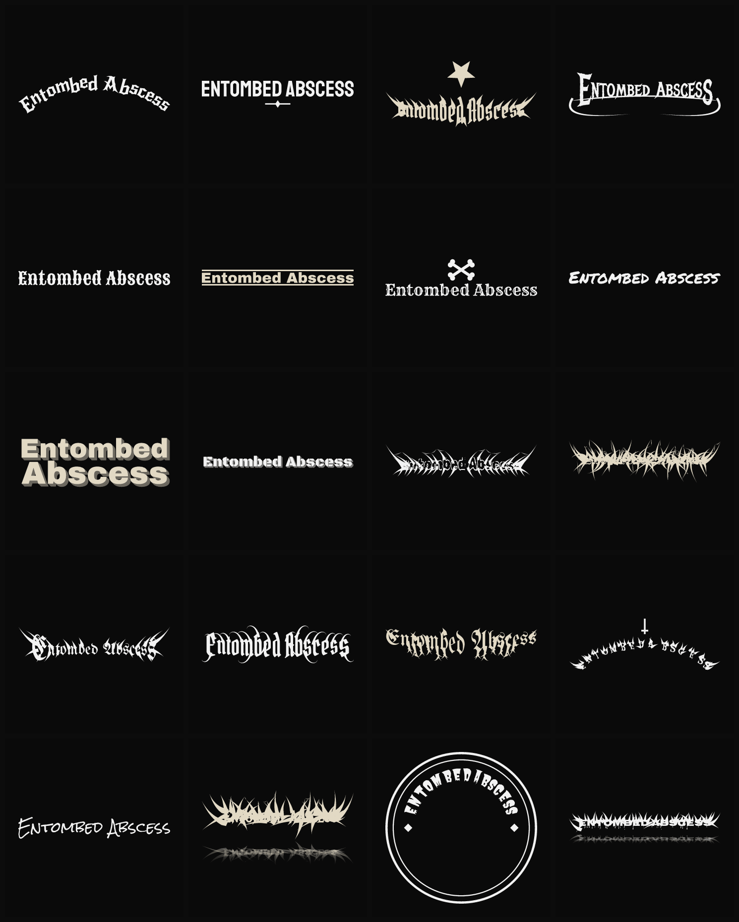 Twenty Entombed Abscess band logo ideas — different faces, treatments and spike settings