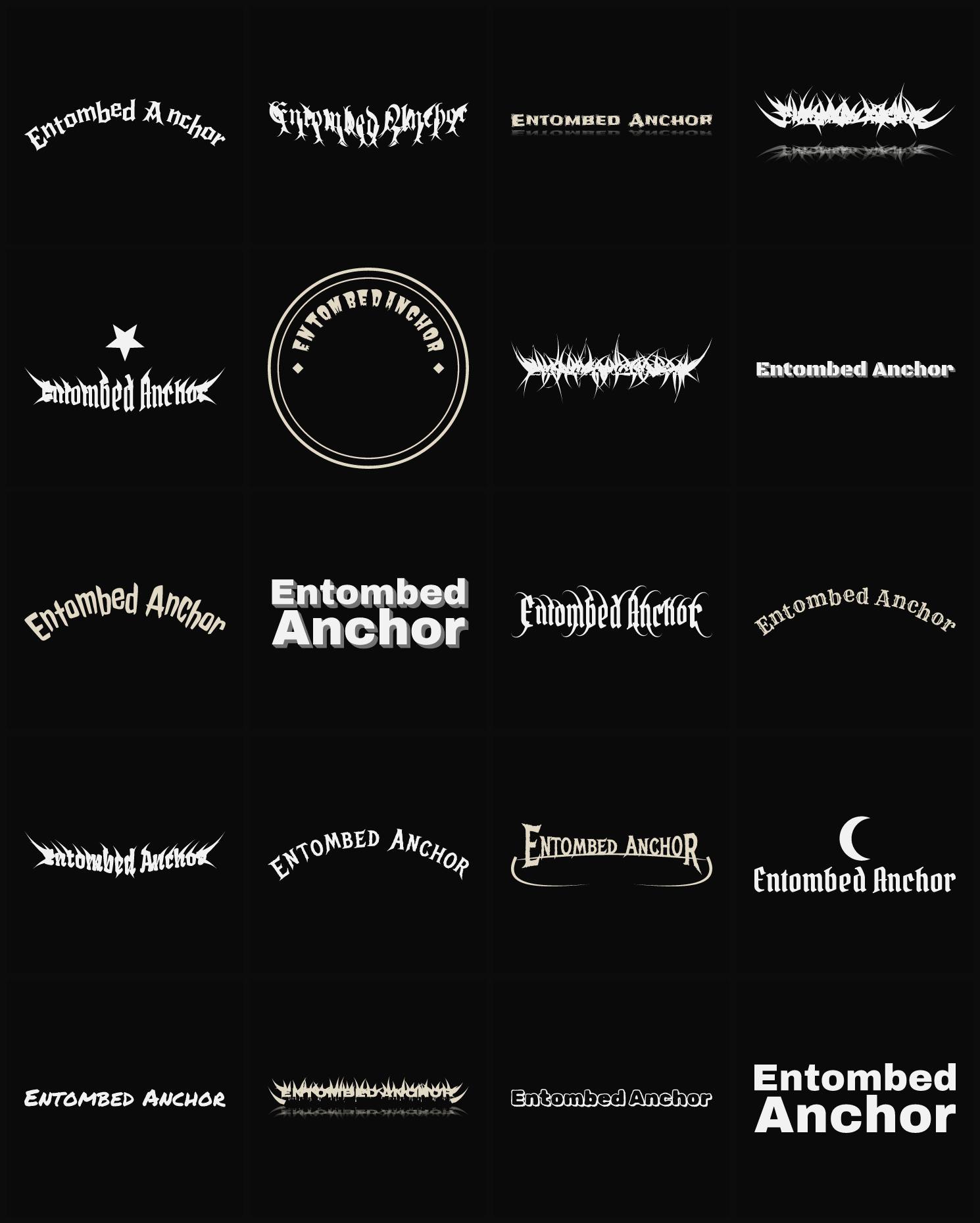 Twenty Entombed Anchor band logo ideas — different faces, treatments and spike settings