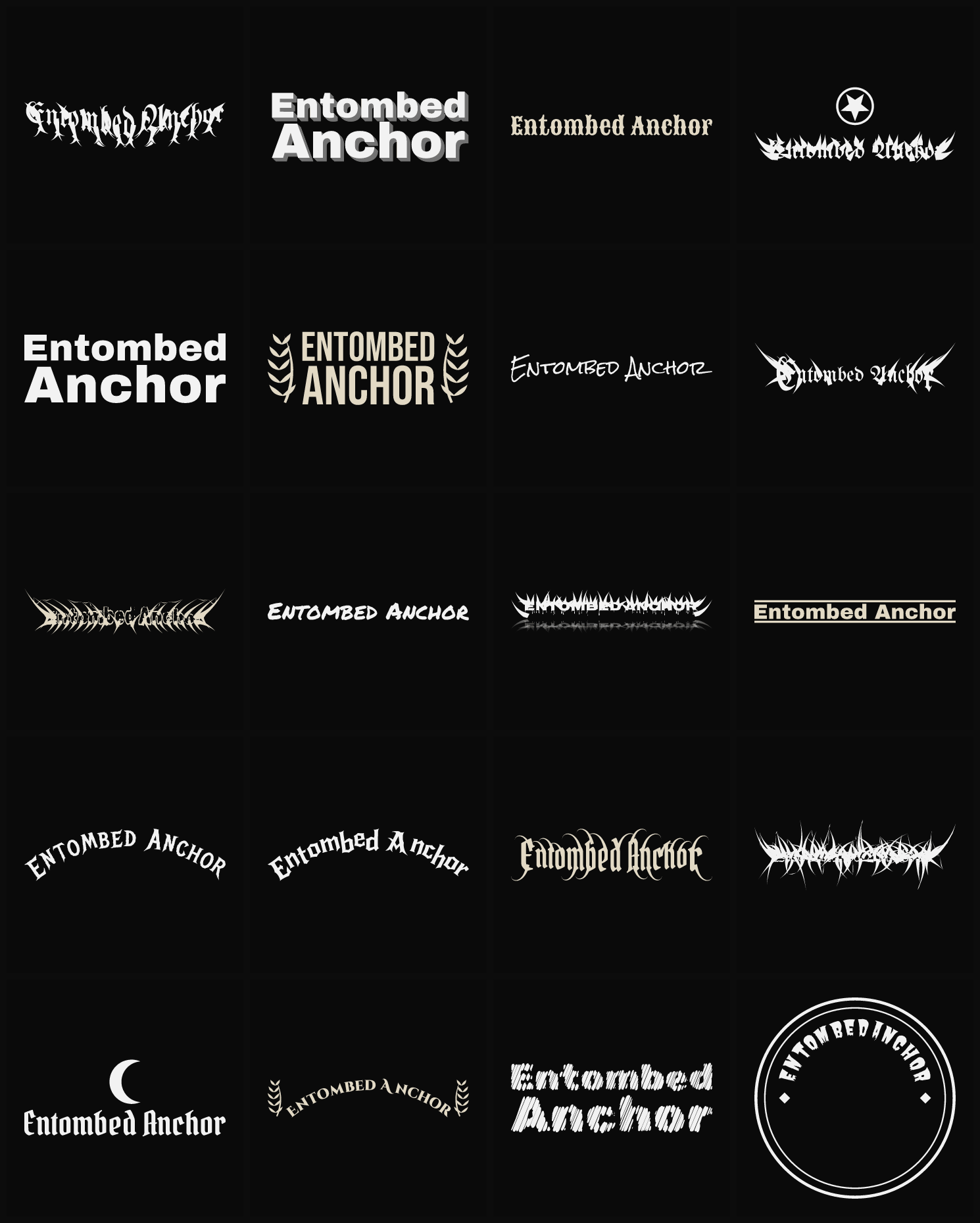Twenty Entombed Anchor band logo ideas — different faces, treatments and spike settings
