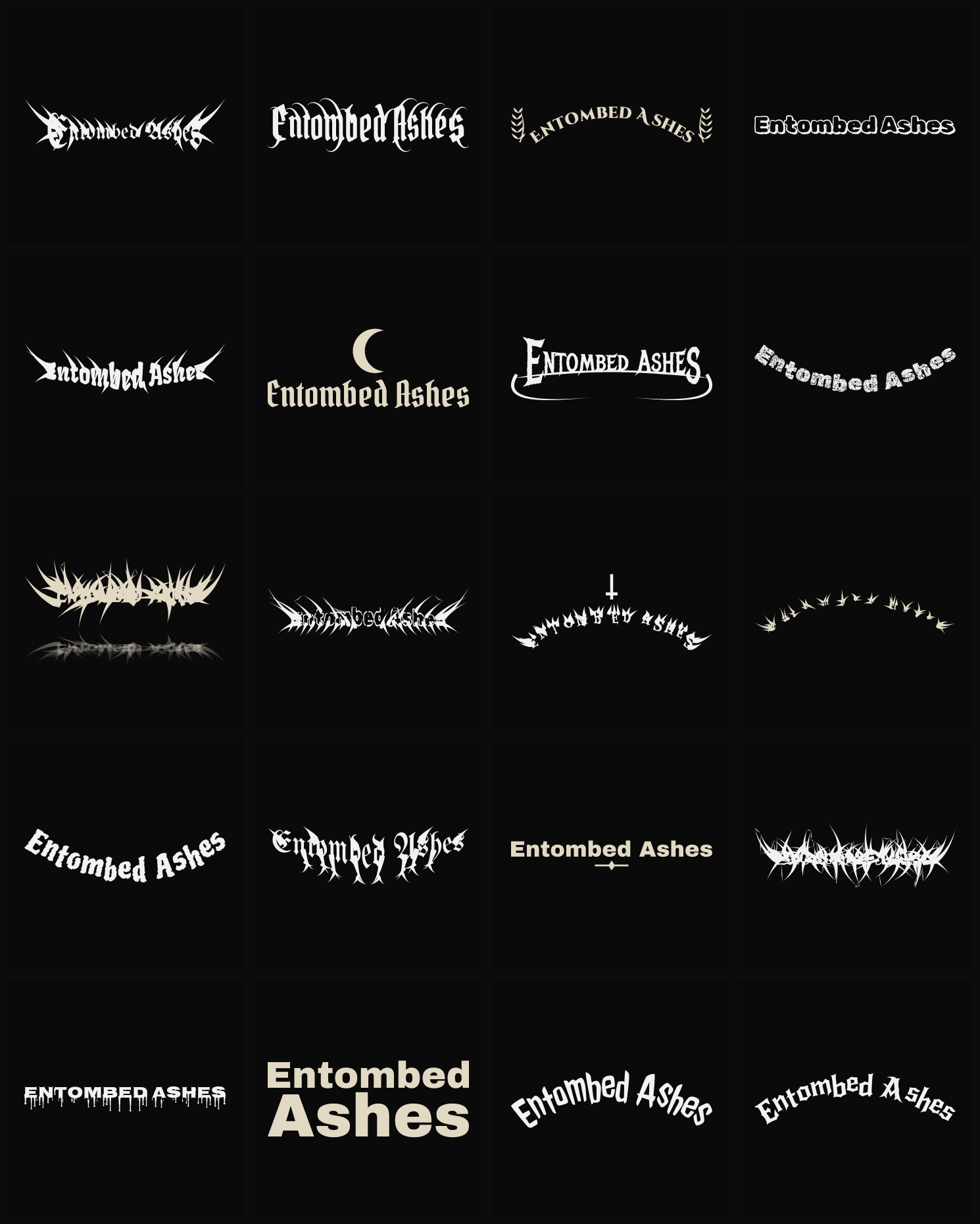 Twenty Entombed Ashes band logo ideas — different faces, treatments and spike settings