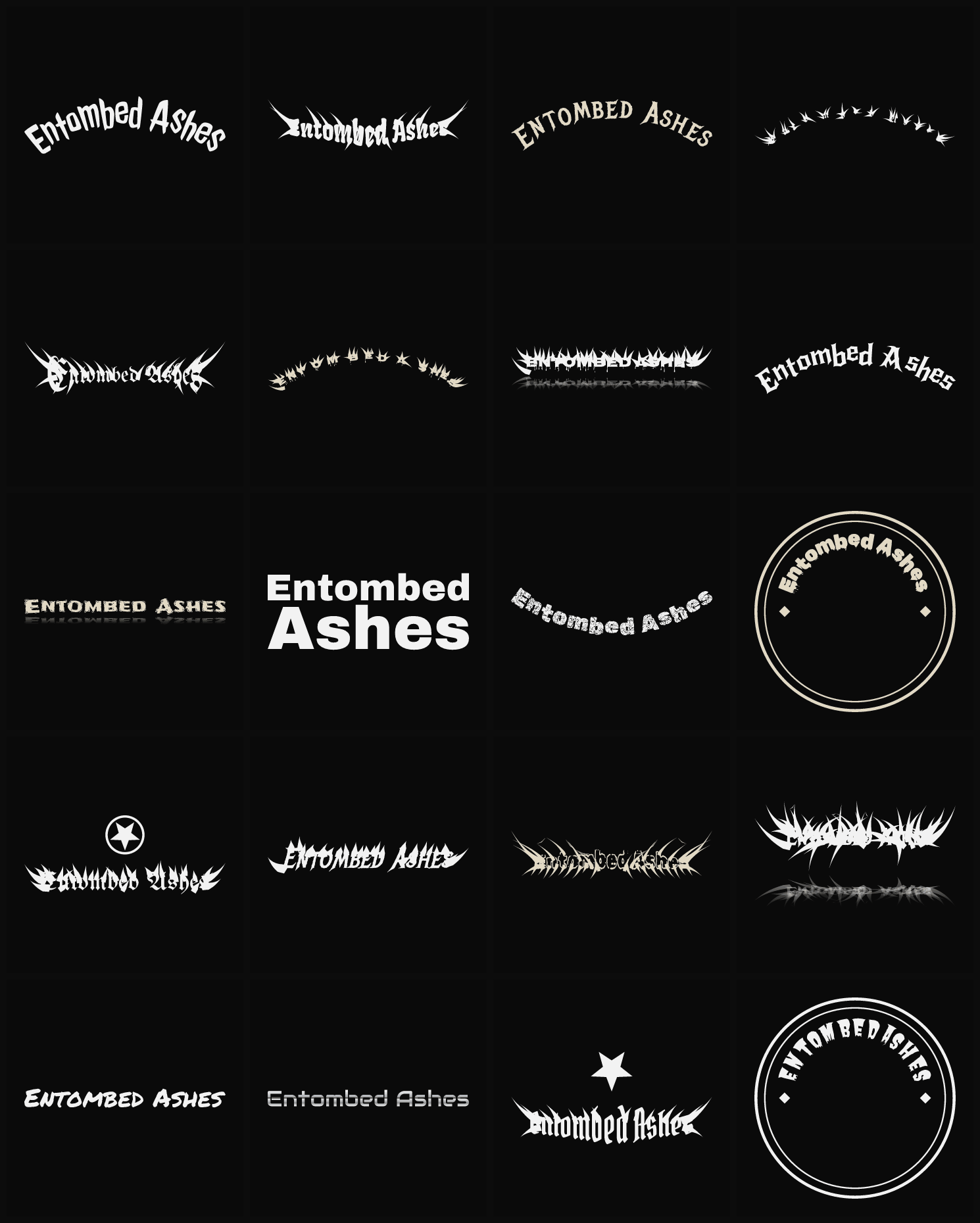 Twenty Entombed Ashes band logo ideas — different faces, treatments and spike settings
