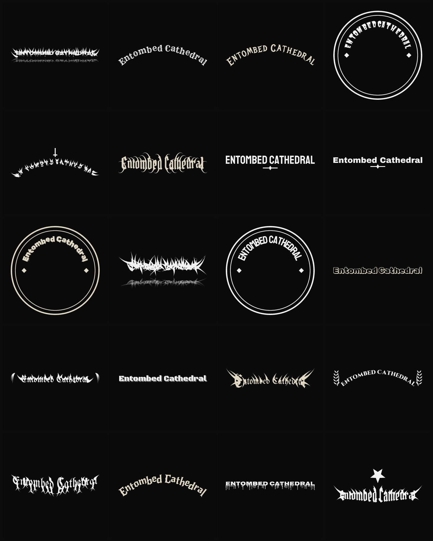 Twenty Entombed Cathedral band logo ideas — different faces, treatments and spike settings