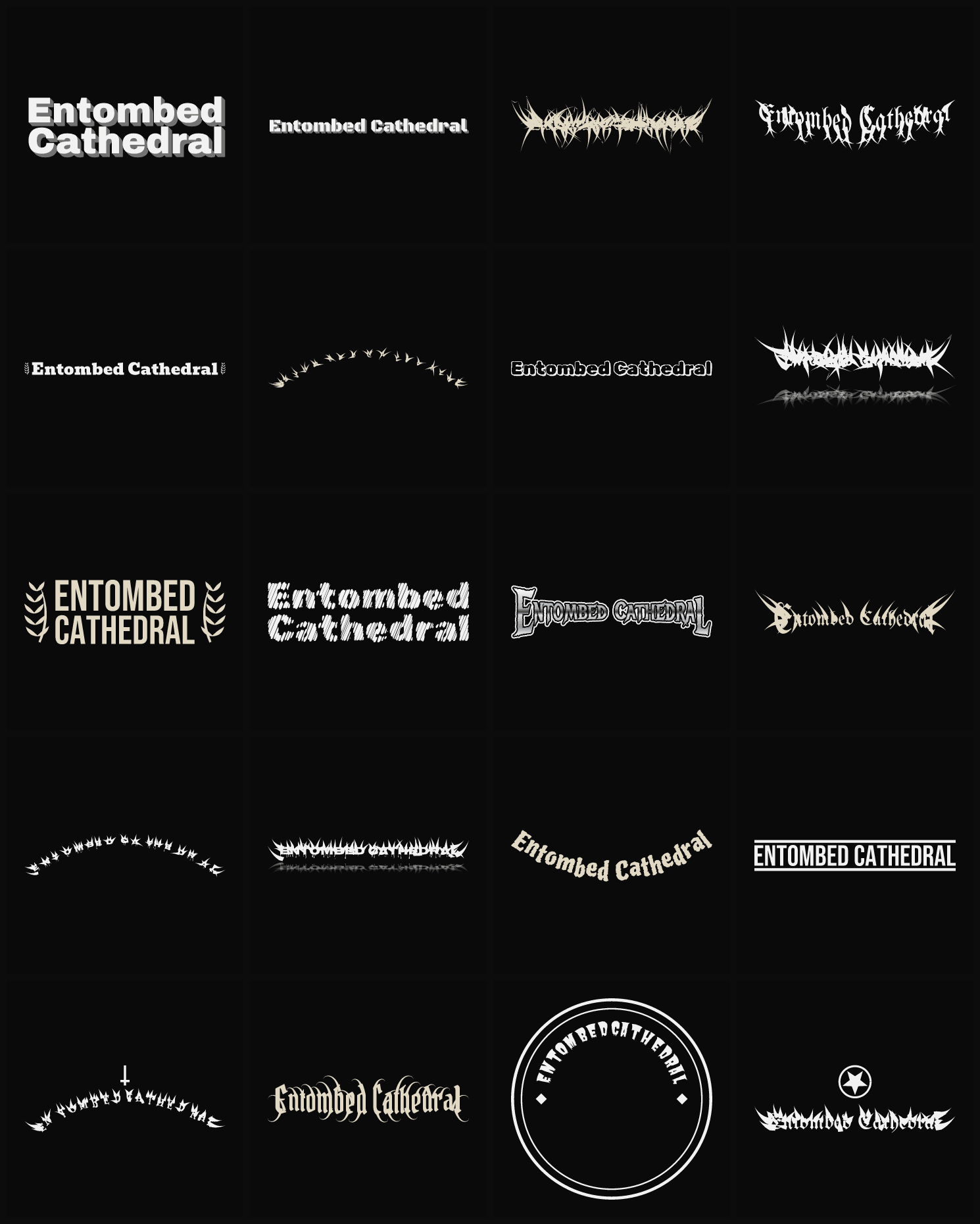 Twenty Entombed Cathedral band logo ideas — different faces, treatments and spike settings