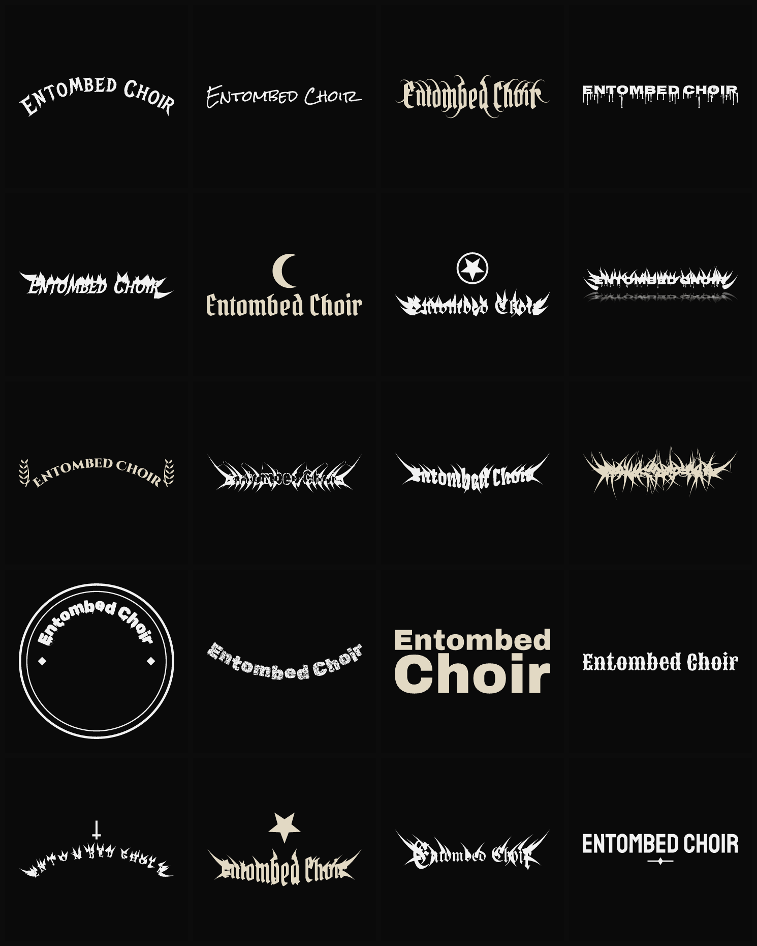 Twenty Entombed Choir band logo ideas — different faces, treatments and spike settings