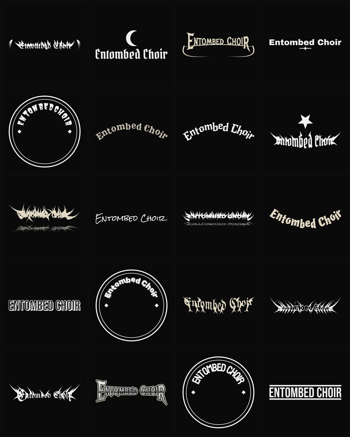 Twenty Entombed Choir band logo ideas — different faces, treatments and spike settings