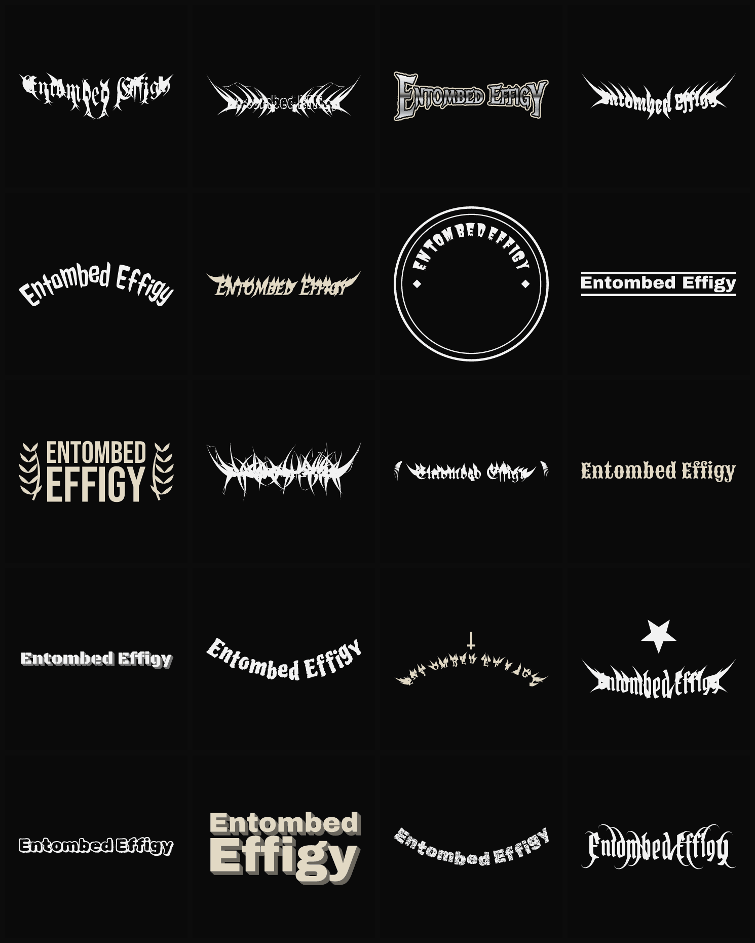 Twenty Entombed Effigy band logo ideas — different faces, treatments and spike settings