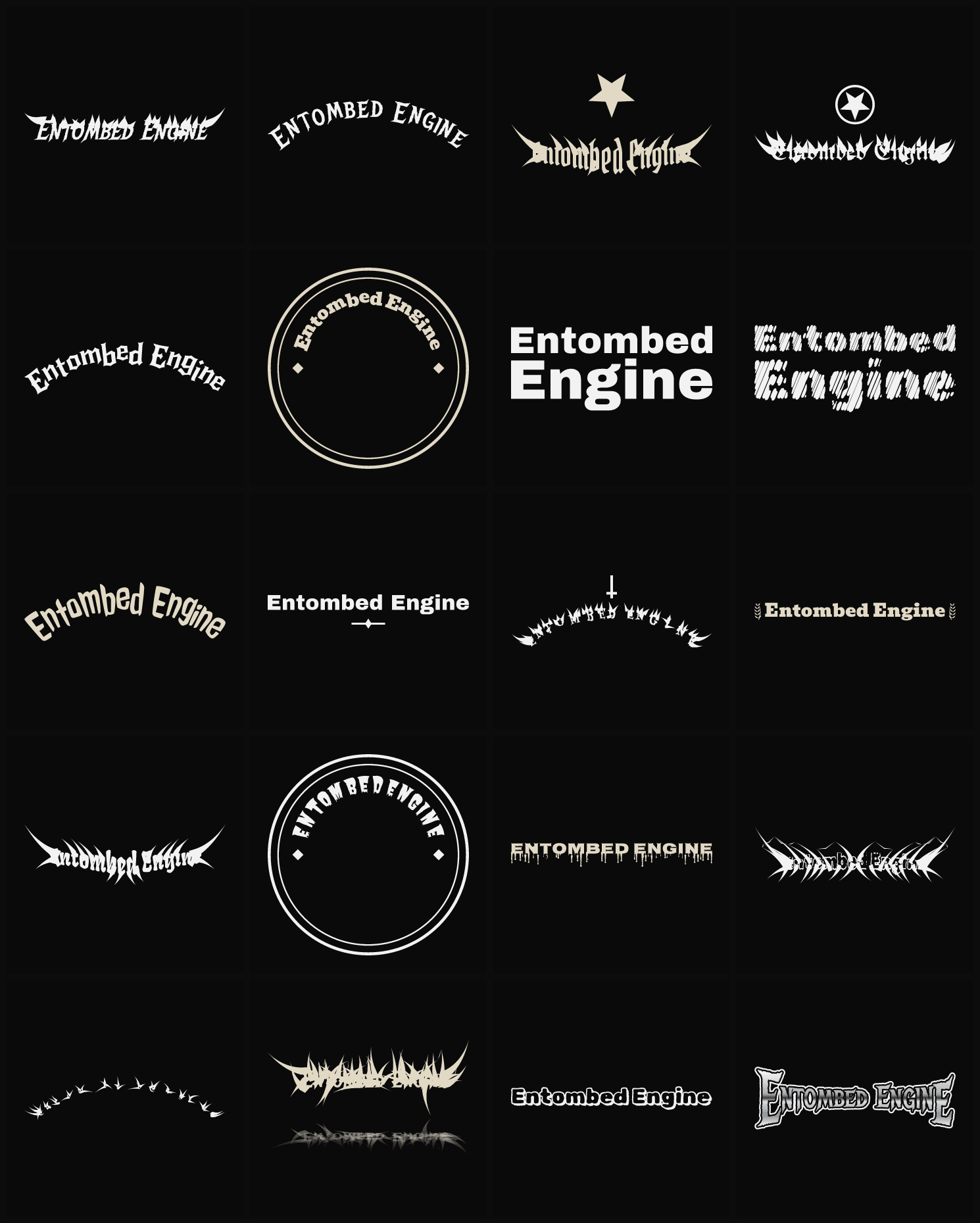 Twenty Entombed Engine band logo ideas — different faces, treatments and spike settings