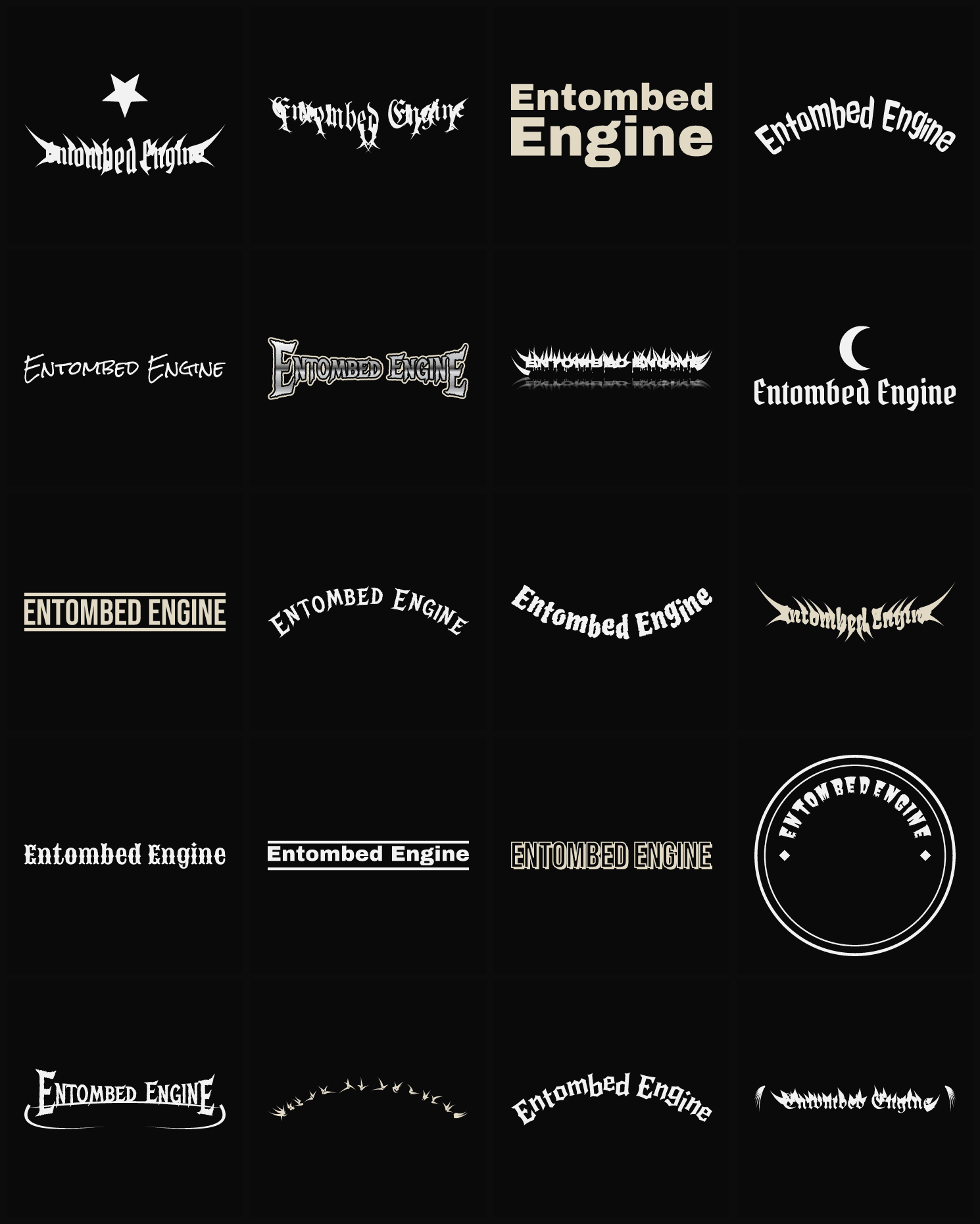 Twenty Entombed Engine band logo ideas — different faces, treatments and spike settings