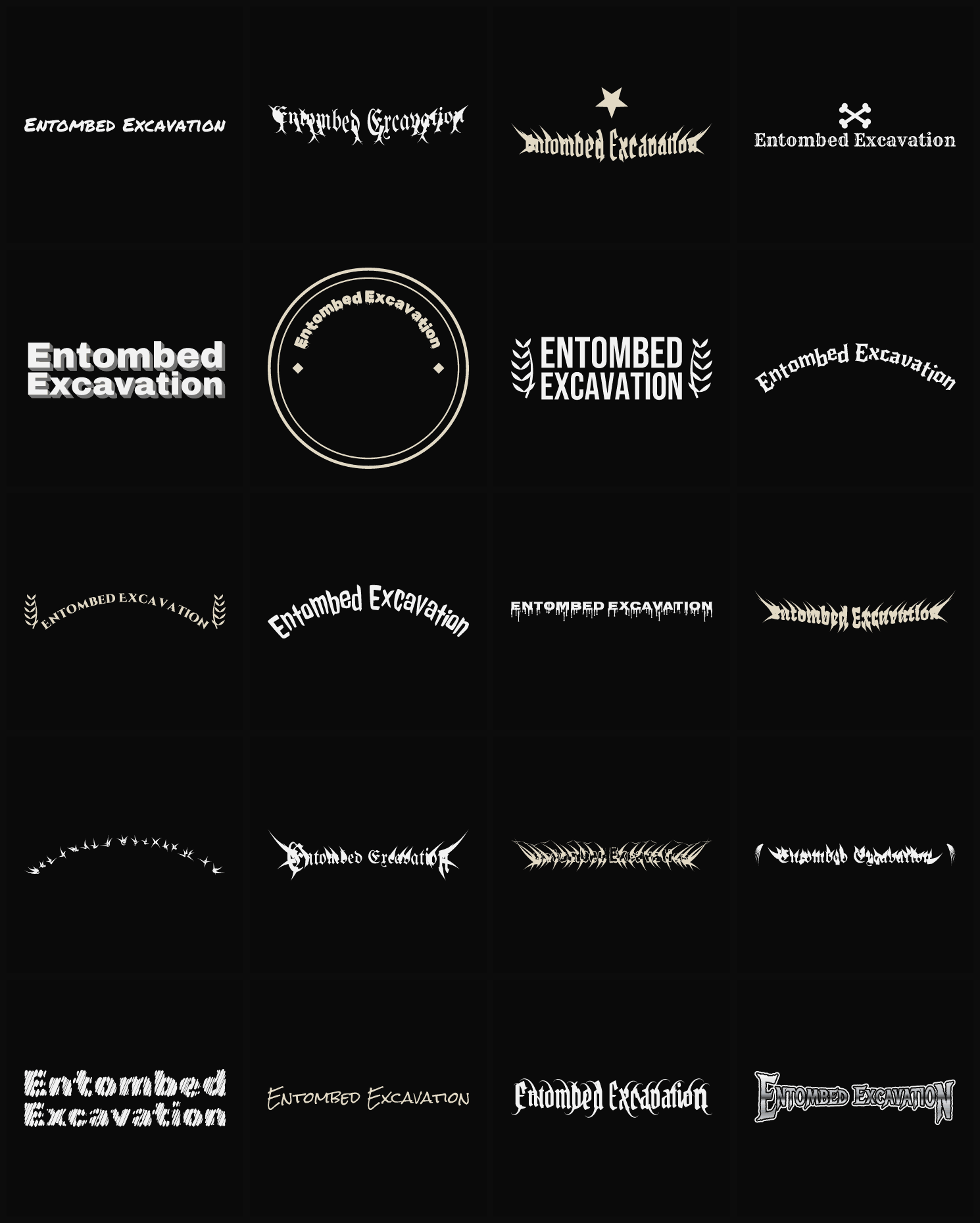 Twenty Entombed Excavation band logo ideas — different faces, treatments and spike settings