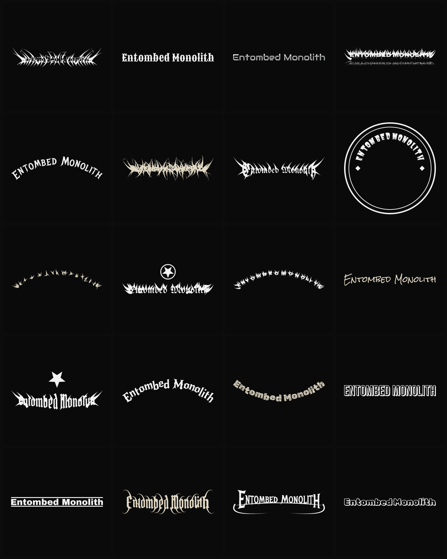 Twenty Entombed Monolith band logo ideas — different faces, treatments and spike settings