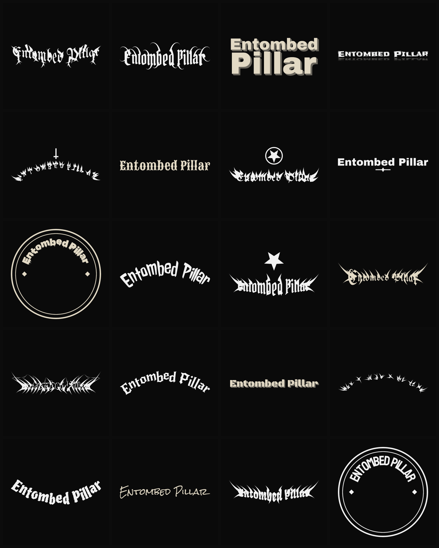Twenty Entombed Pillar band logo ideas — different faces, treatments and spike settings