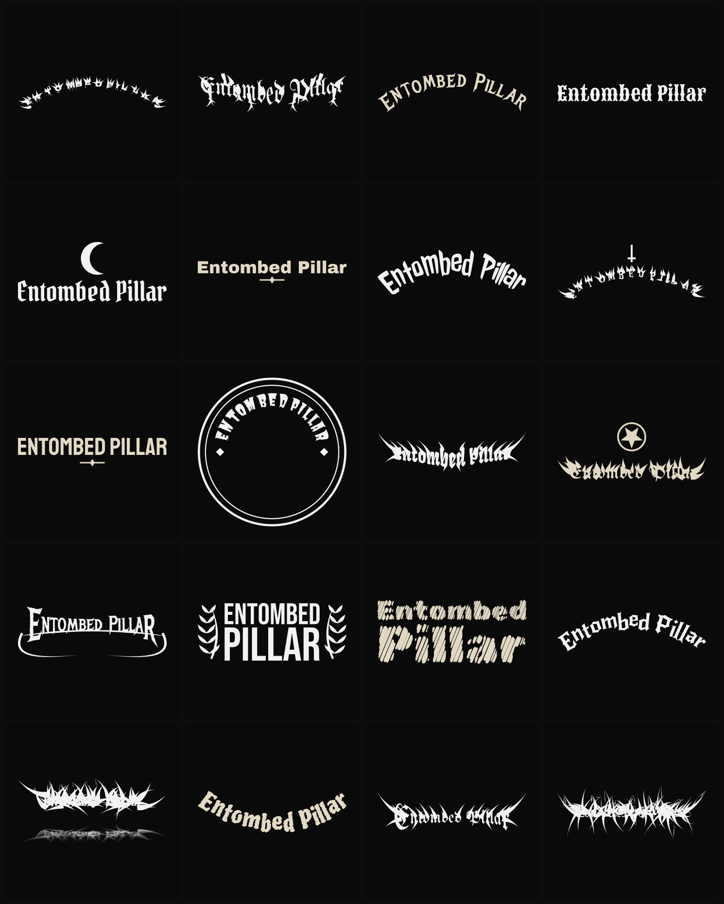 Twenty Entombed Pillar band logo ideas — different faces, treatments and spike settings