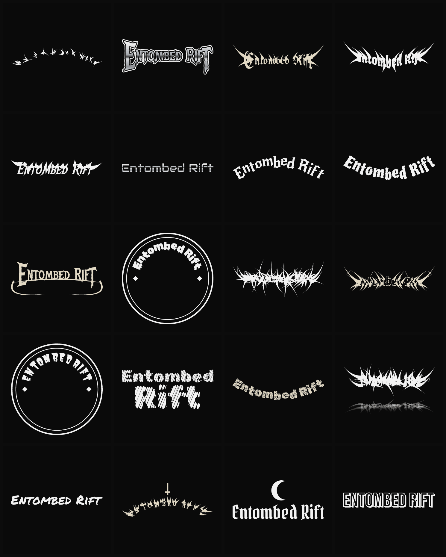 Twenty Entombed Rift band logo ideas — different faces, treatments and spike settings