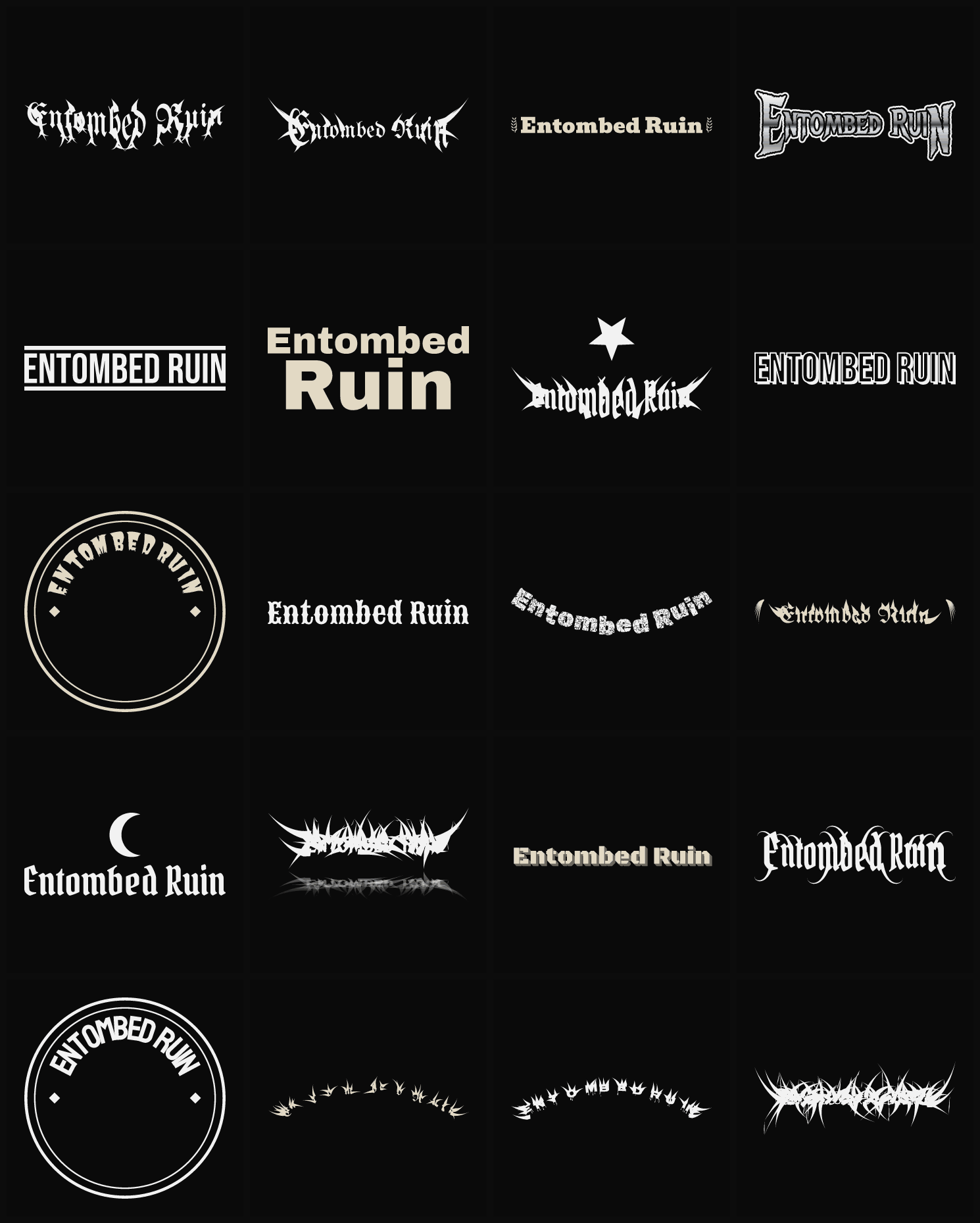 Twenty Entombed Ruin band logo ideas — different faces, treatments and spike settings