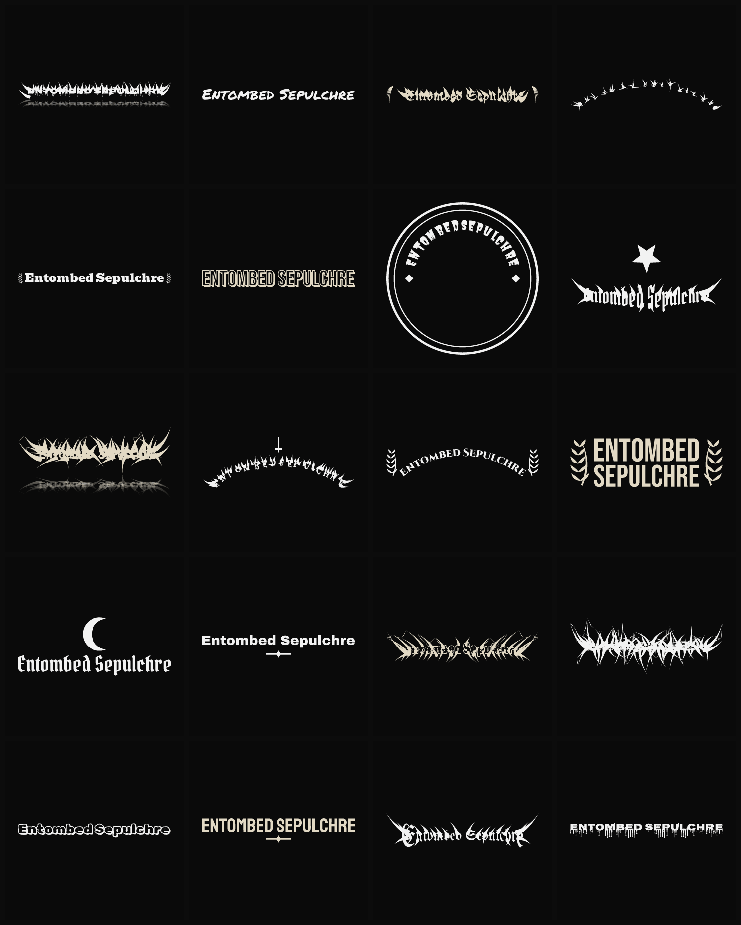 Twenty Entombed Sepulchre band logo ideas — different faces, treatments and spike settings