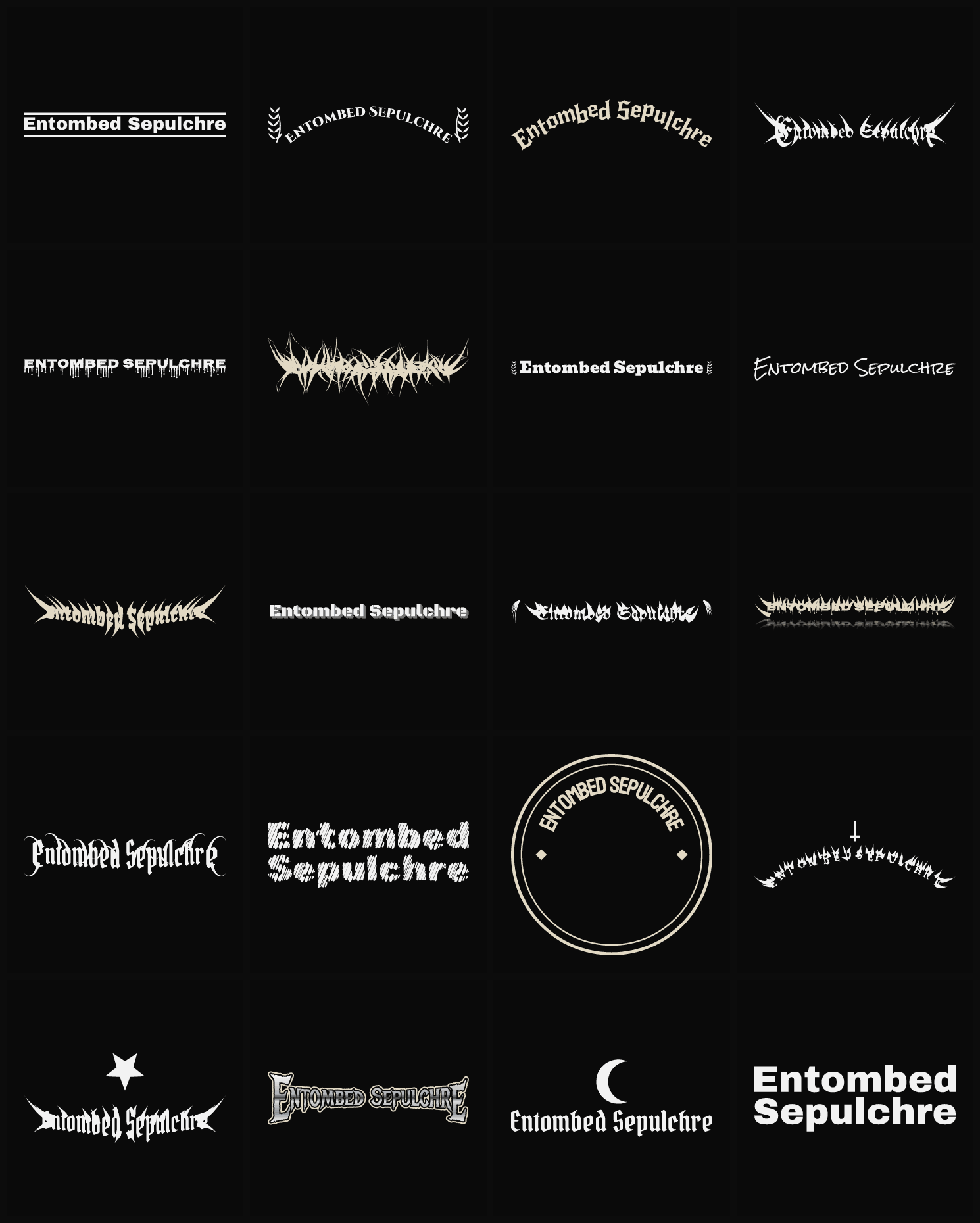 Twenty Entombed Sepulchre band logo ideas — different faces, treatments and spike settings